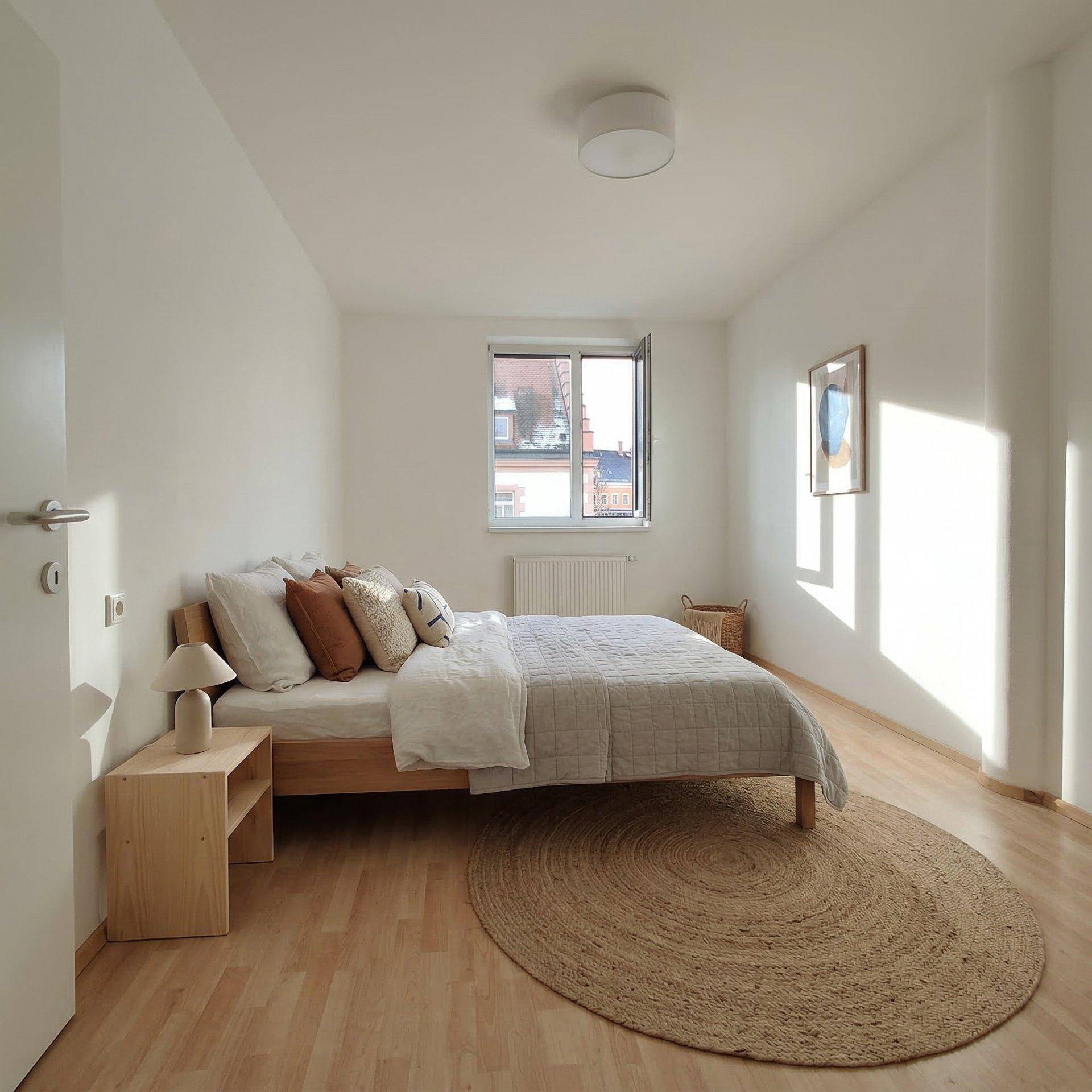 Gemütliches Schlafzimmer mit Holzbett, Nachttisch und natürlichem Lichteinfall durch das Fenster.
