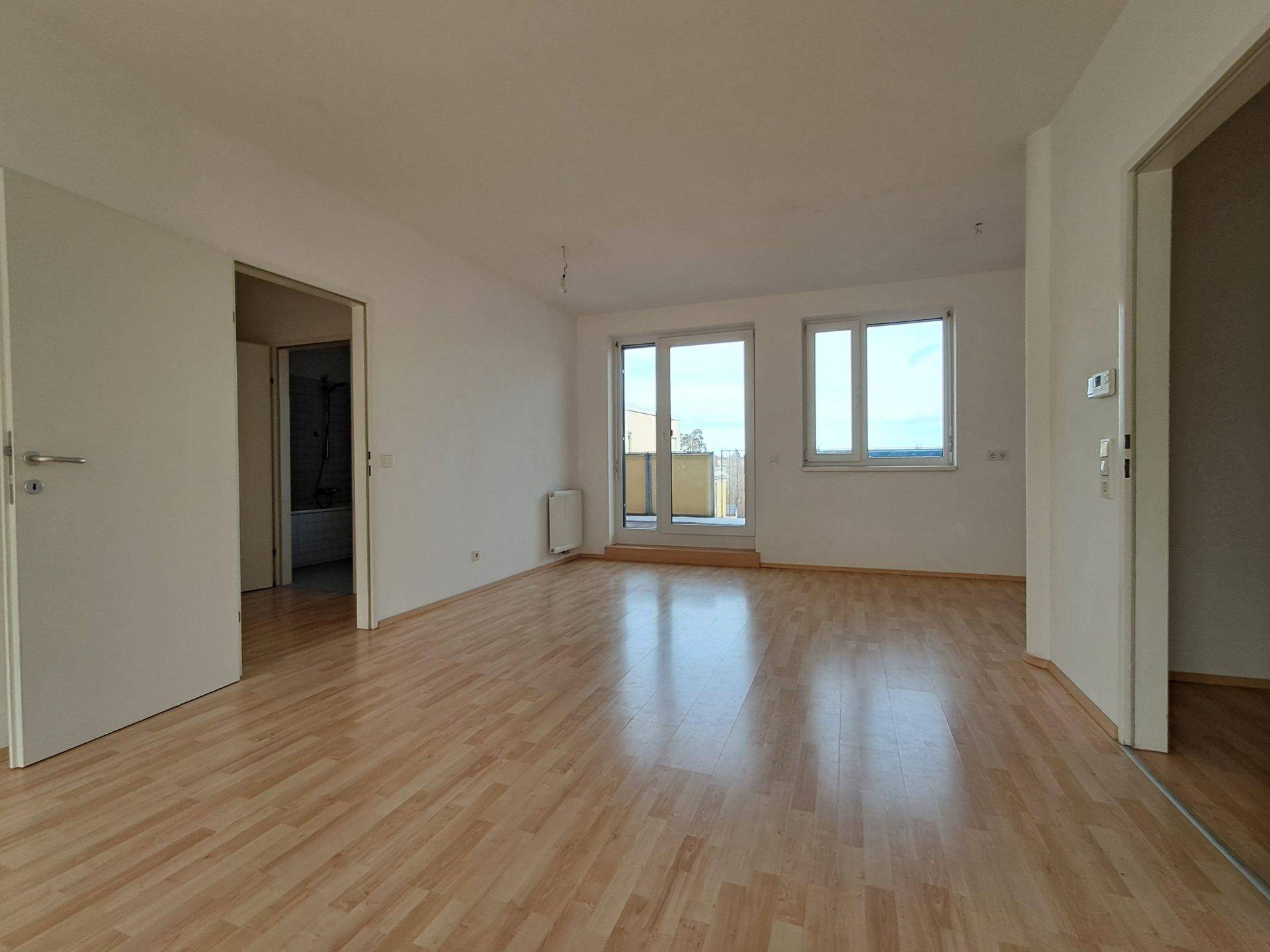 Heller Wohnraum mit Laminatboden und Zugang zu einem Balkon, gut belichtet.