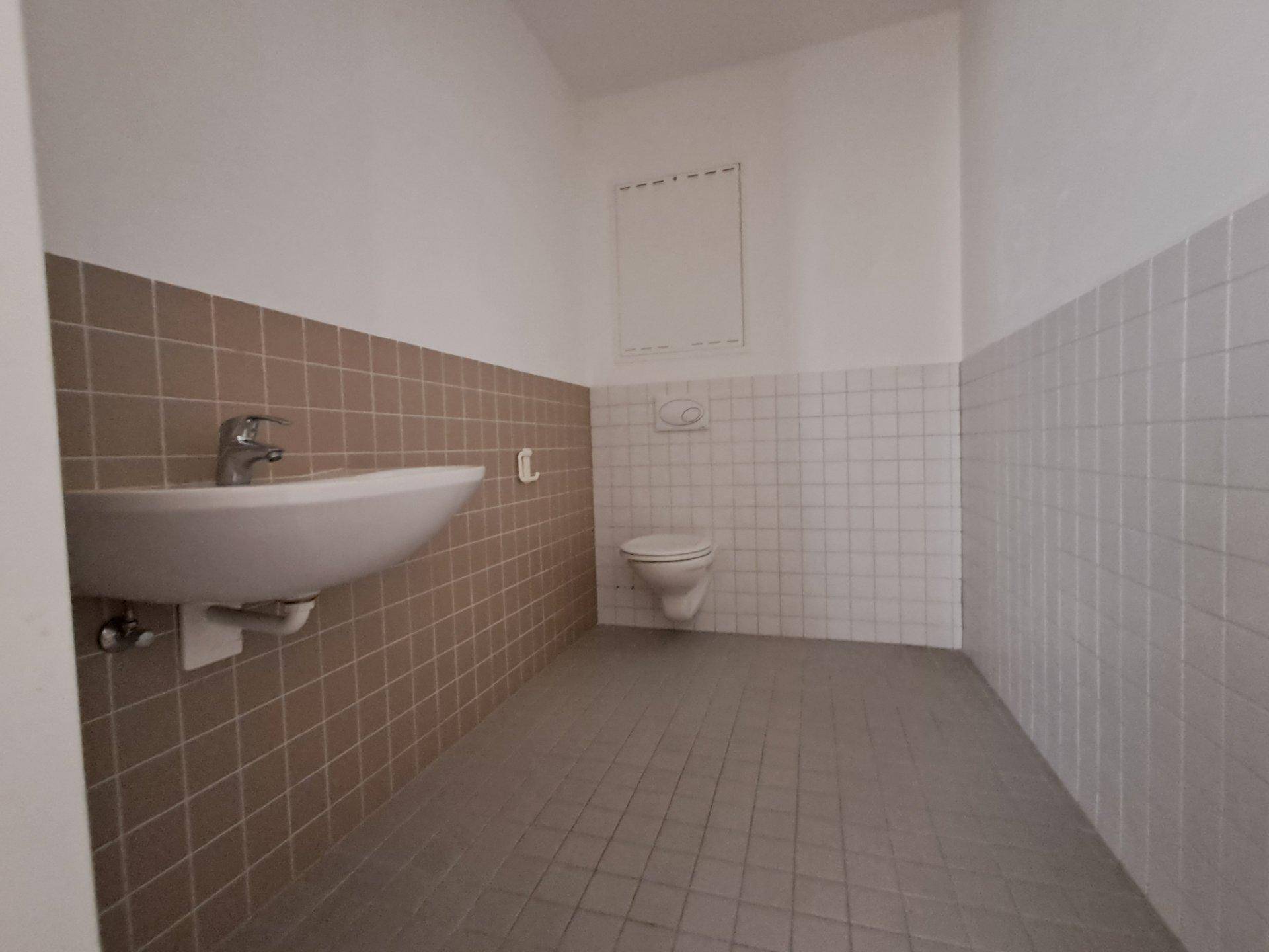 Separates WC mit Waschbecken und Toilette, gefliest in Braun- und Weißtönen.