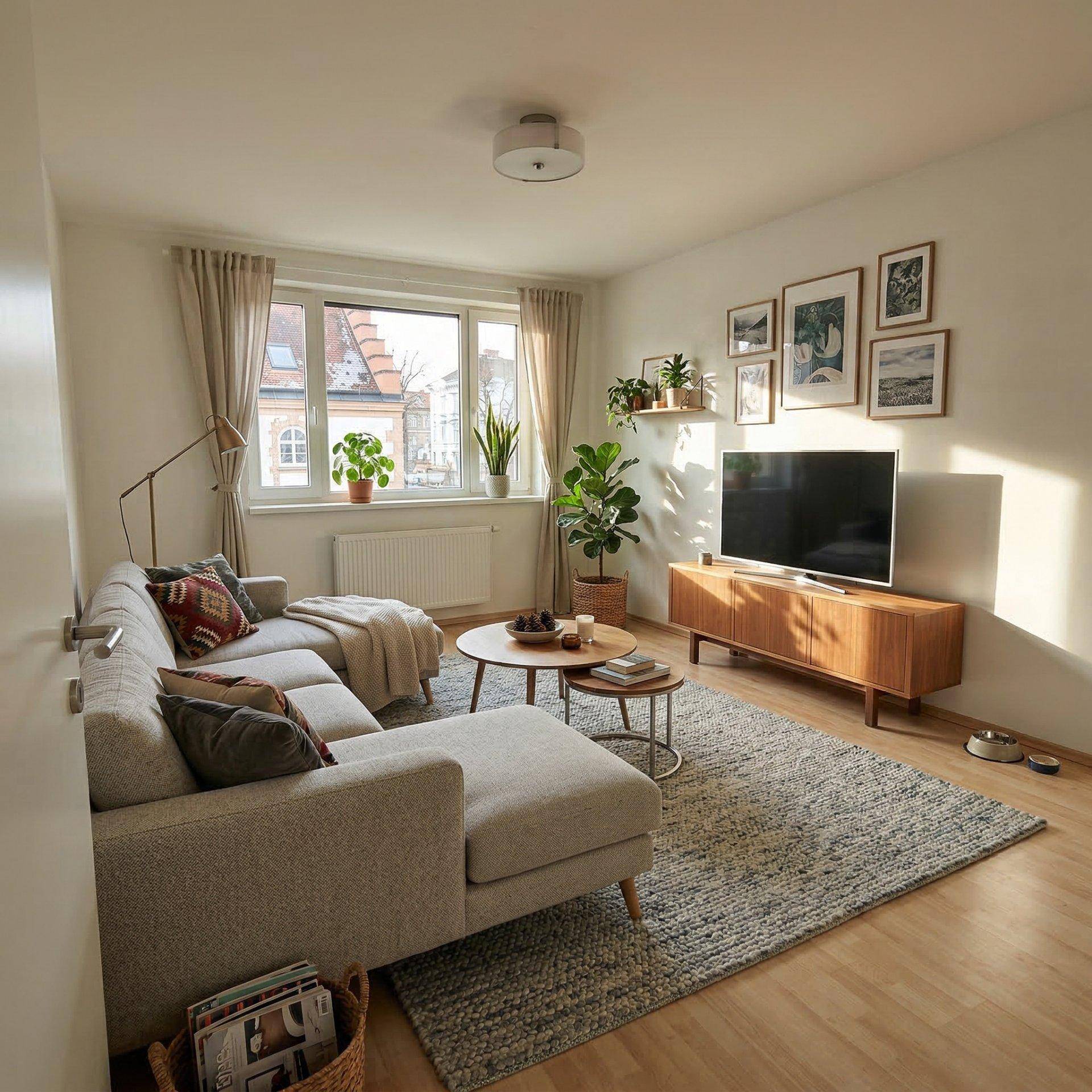 Modern eingerichtetes Wohnzimmer mit beigem Sofa, Holztisch und vielen Pflanzen.