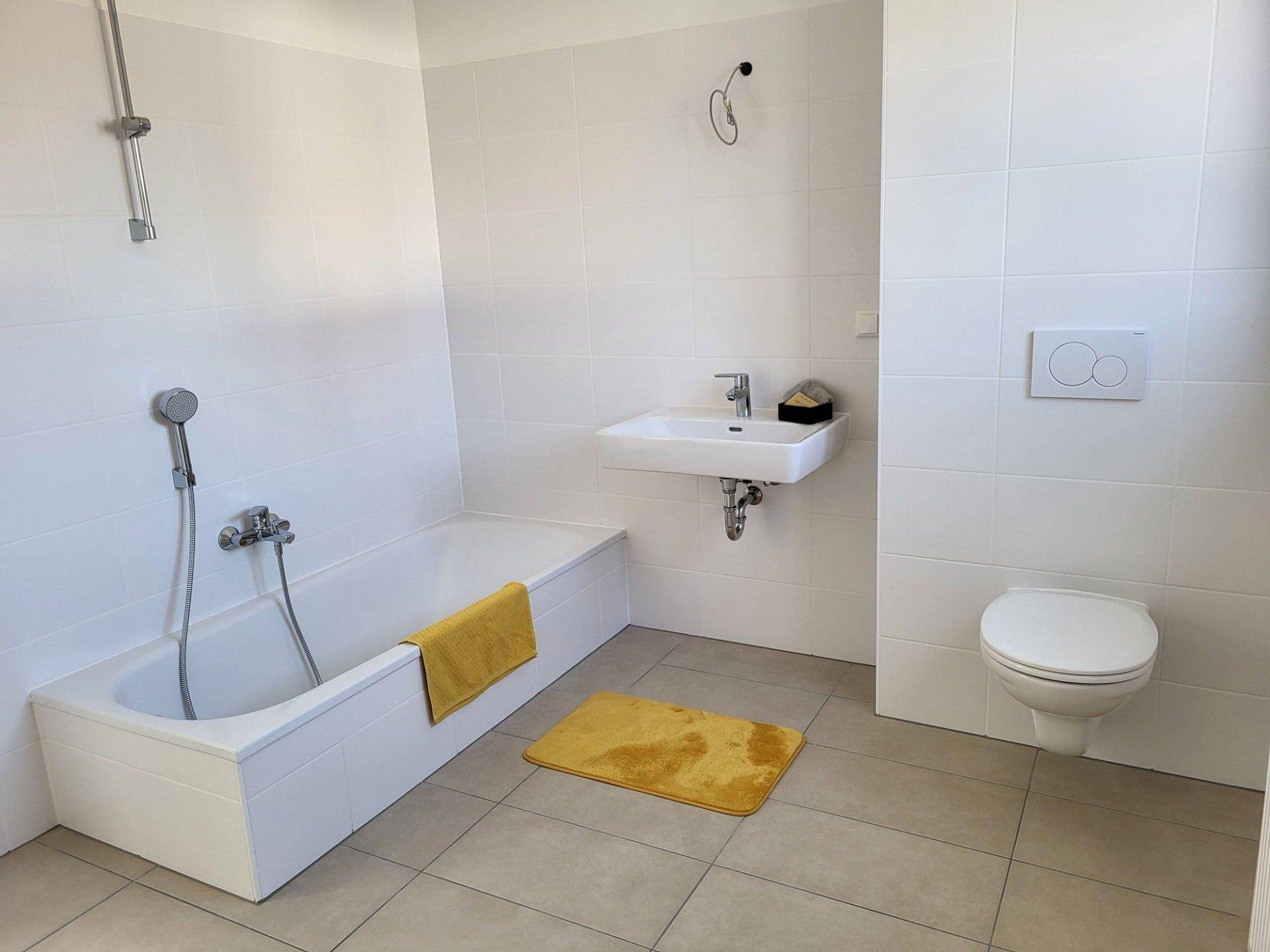 Modernes Badezimmer mit Badewanne, Dusche und wandhängendem WC.