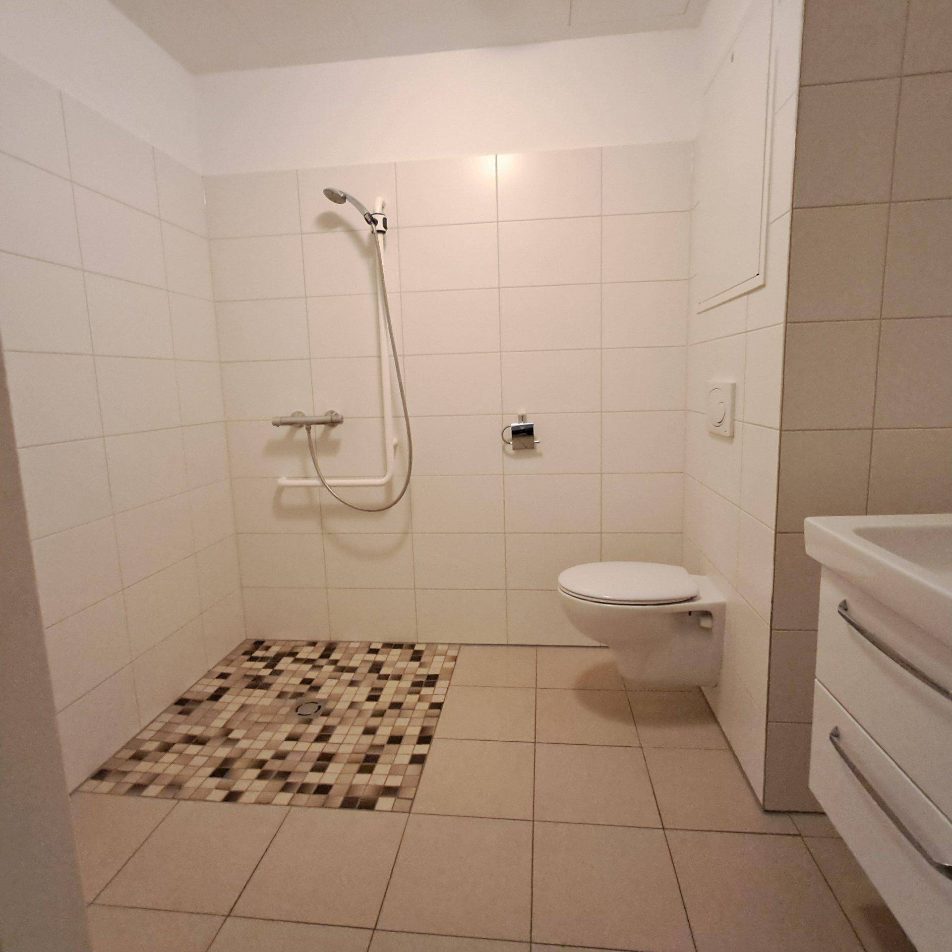 Modernes Badezimmer mit ebenerdiger Dusche, weißen Fliesen und wandhängendem WC.