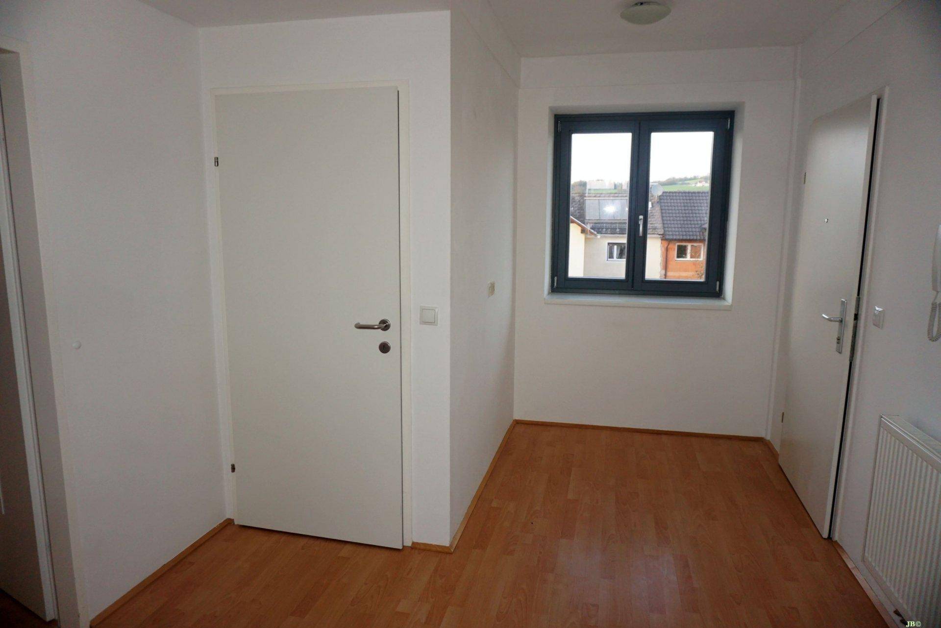 Heller Eingangsbereich mit Parkettboden, Fenster und Gegensprechanlage.