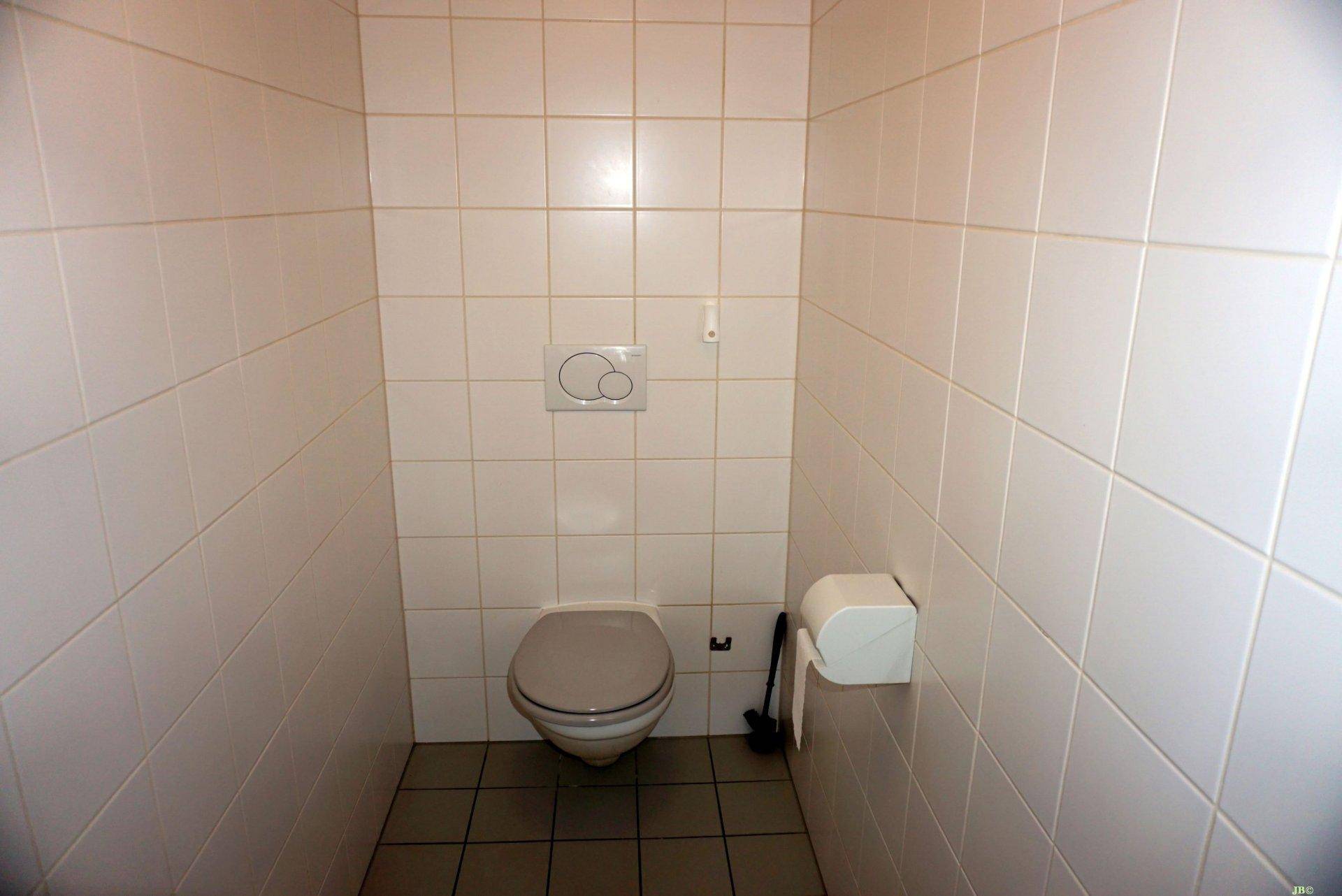 Separates WC mit weißen Fliesen und wandhängender Toilette, ideal für Gäste.
