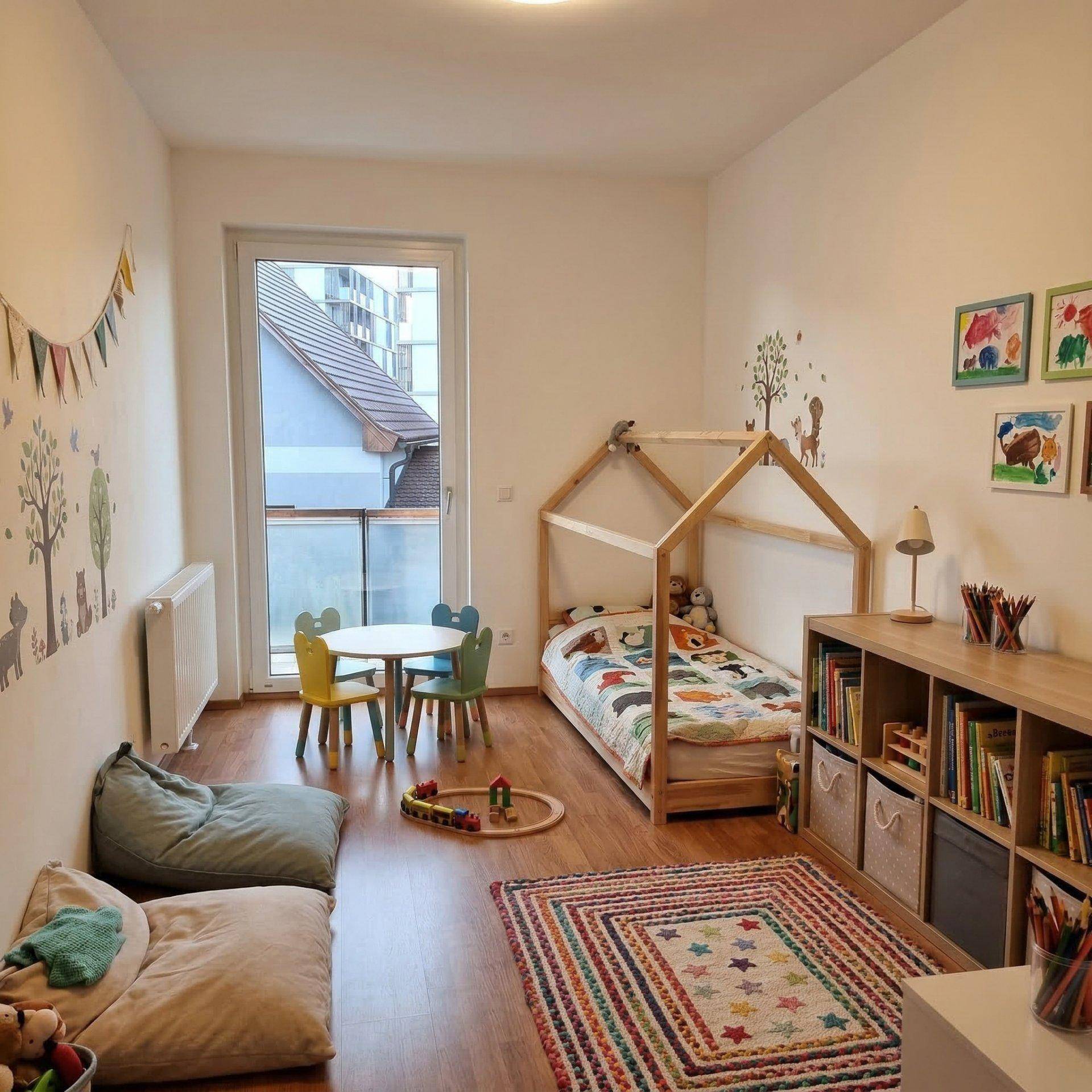 Freundliches Kinderzimmer mit Holzbett, Spielbereich und Zugang zum Balkon.