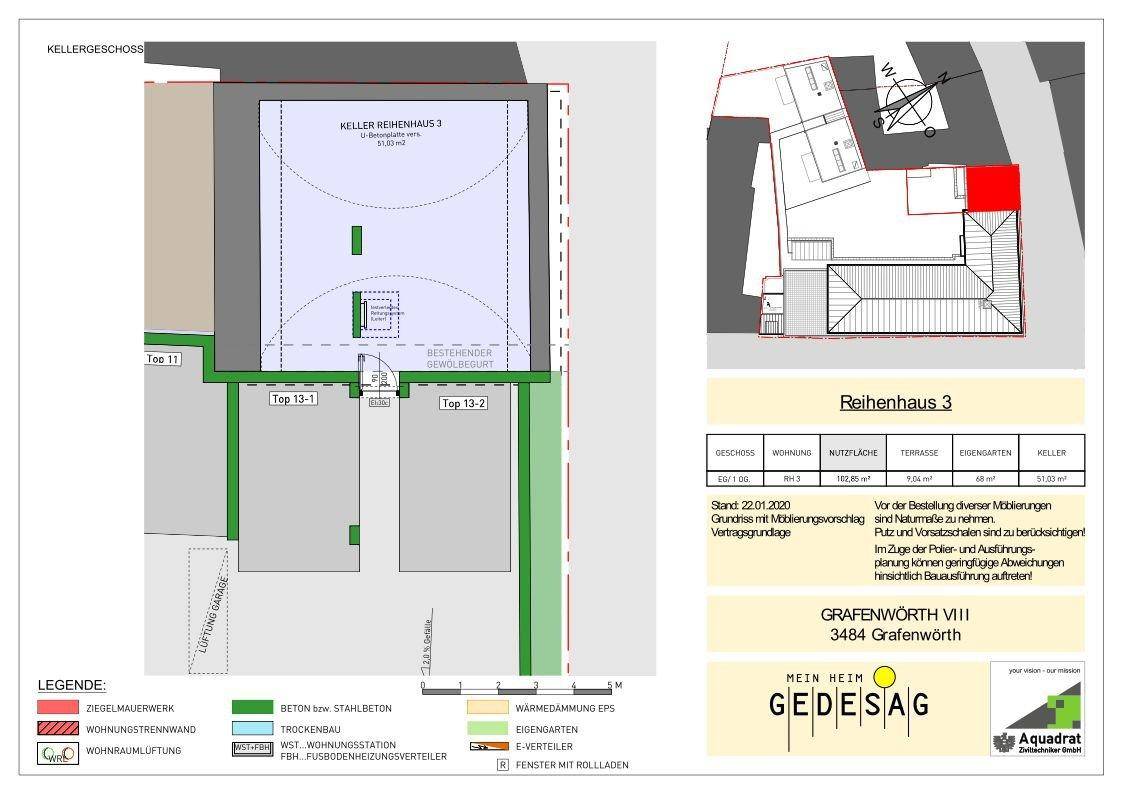 Grundriss des Kellergeschosses eines Reihenhauses mit Parkplätzen und Abstellräumen.