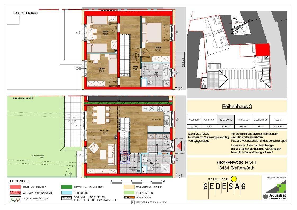 Grundriss des Erd- und Obergeschosses eines Reihenhauses mit Raumaufteilung und Garten.
