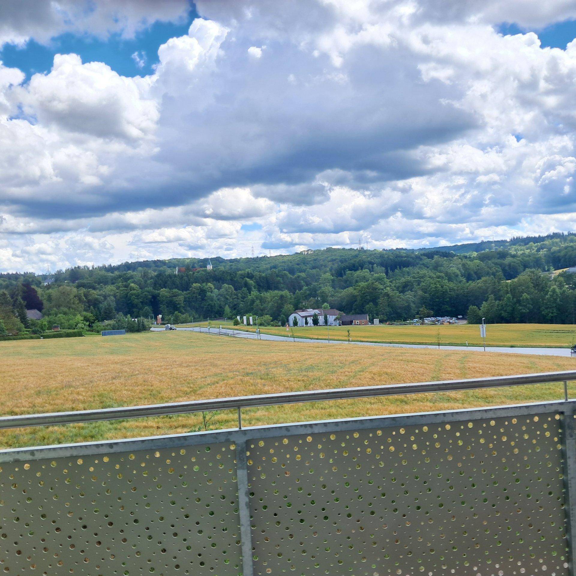Weitläufiger Blick von einem Balkon über goldene Felder und grüne Hügel unter blauem Himmel.