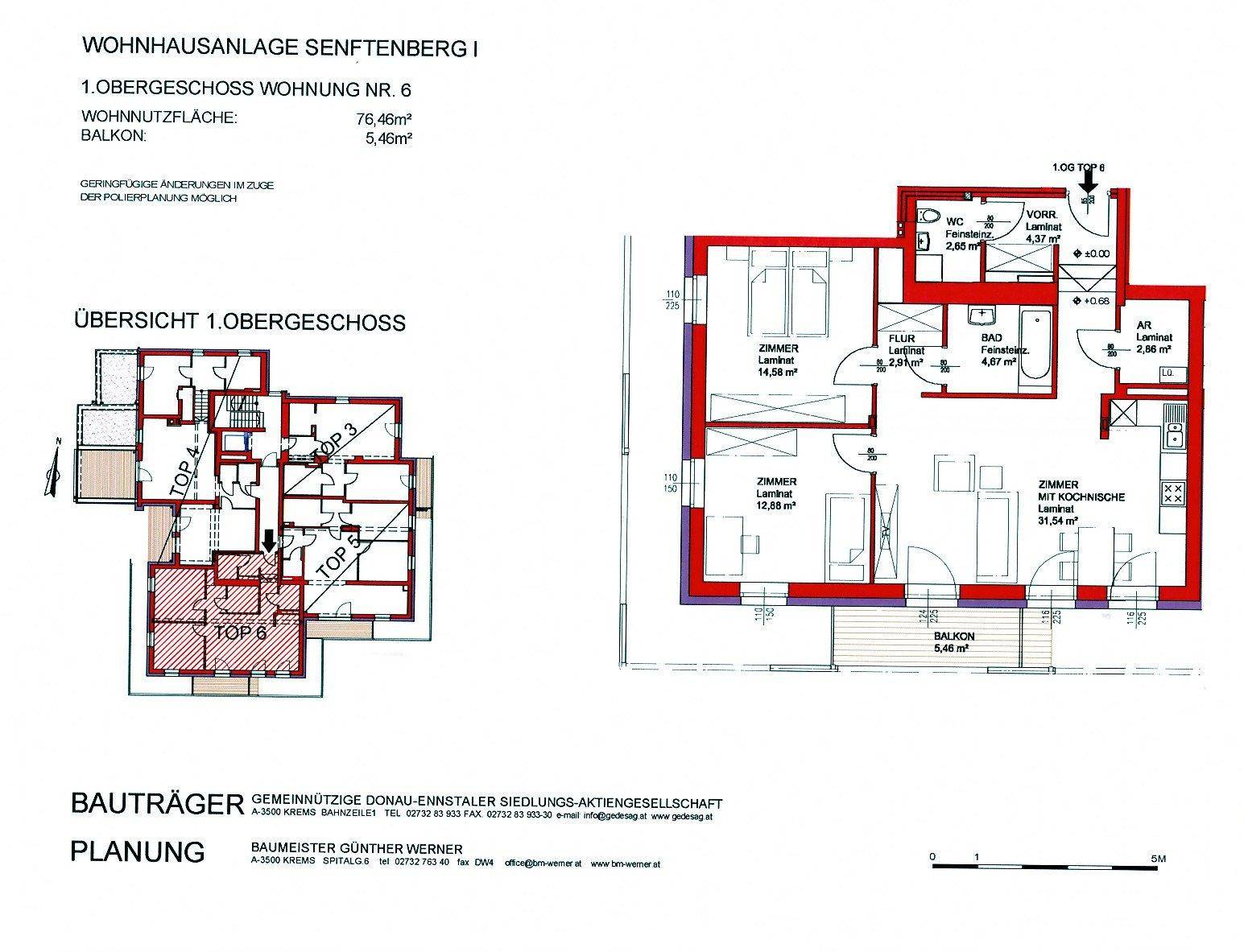 Grundriss einer Wohnung im ersten Obergeschoss mit offenem Wohnbereich und Balkonzugang.