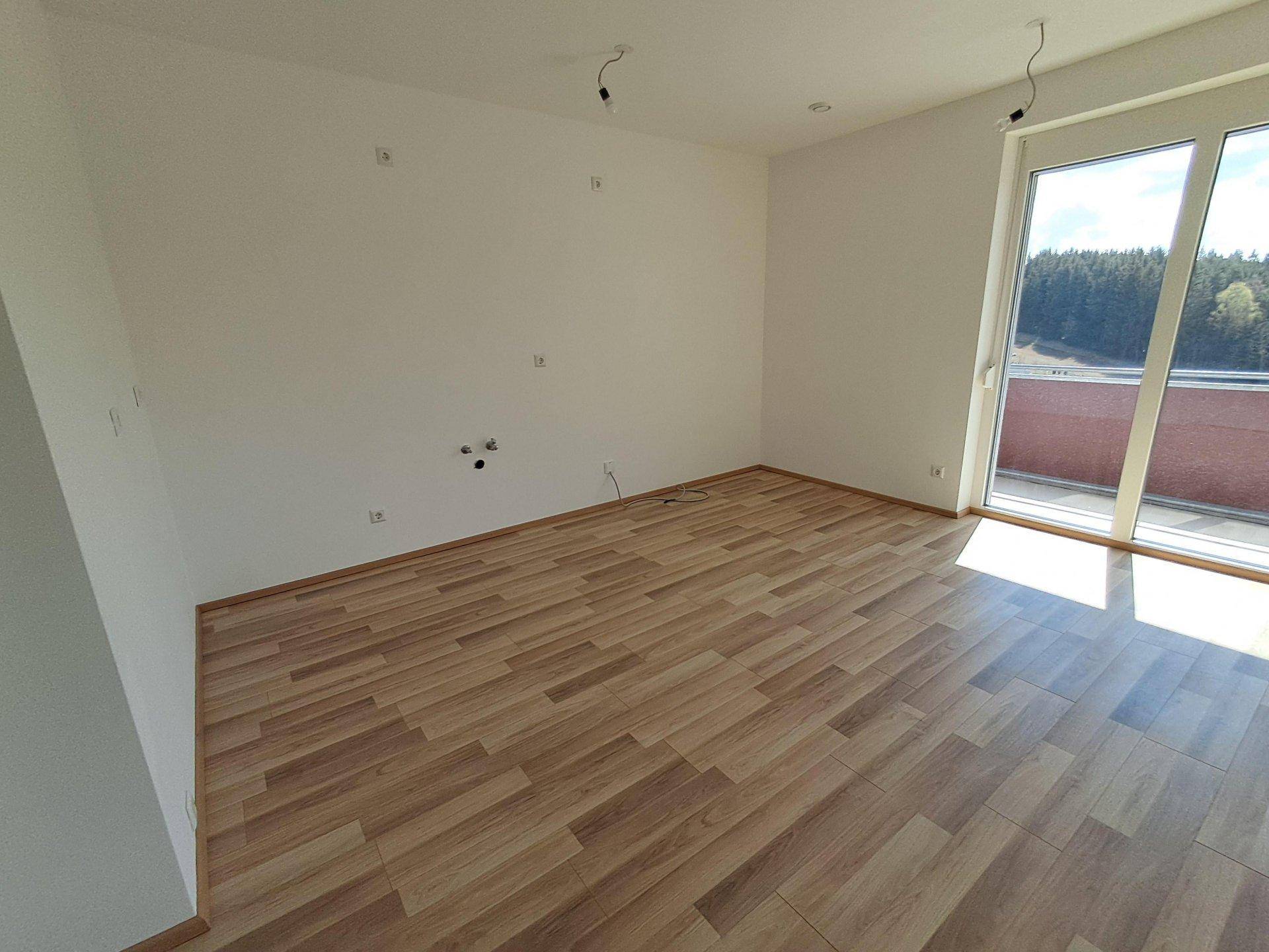Geräumiger, leerer Raum mit Laminatboden und großen Glasschiebetüren, die ins Freie führen.