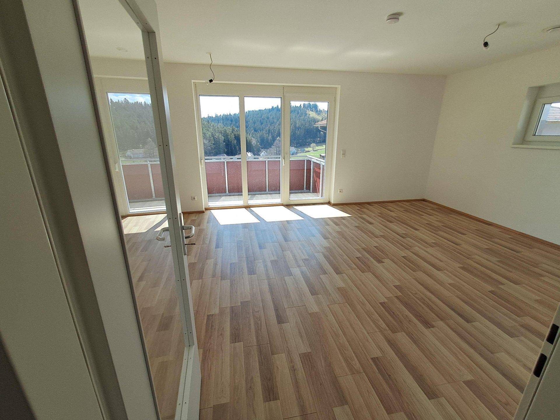 Heller, leerer Raum mit Laminatboden, weißen Wänden und Zugang zu einem Balkon.