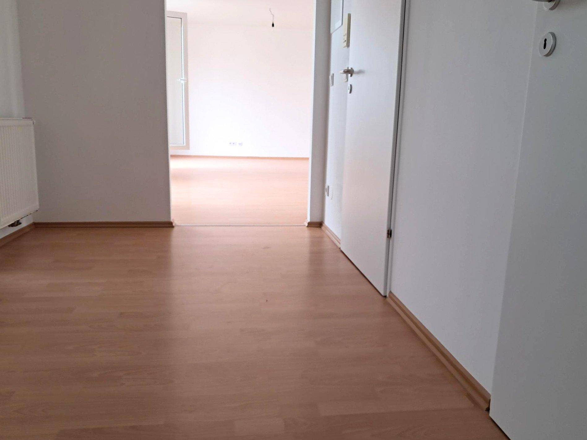 Heller Innenraum mit Laminatboden und weißen Wänden, der zu weiteren Zimmern führt.