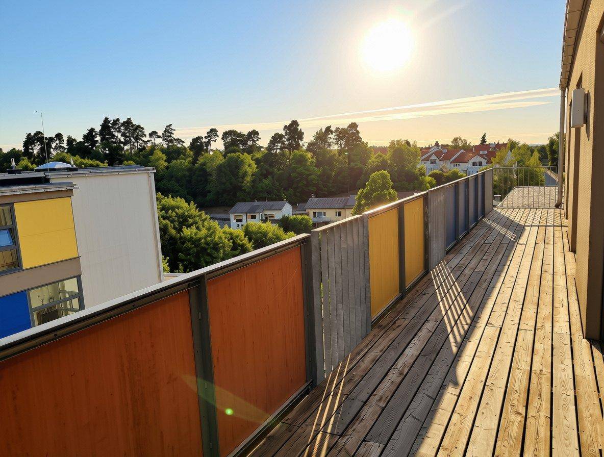 Großer Holzbalkon mit bunter Brüstung und weitem Blick über die Umgebung bei Sonnenuntergang.