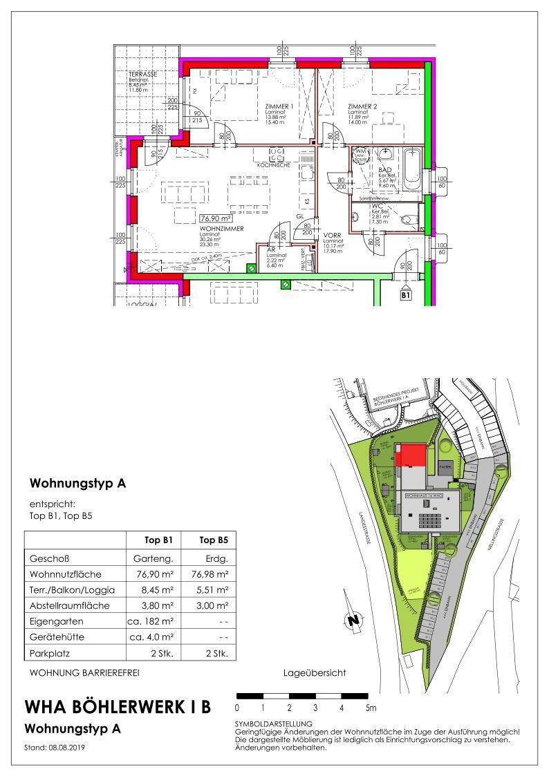 Grundriss einer Wohnung mit offenem Wohnbereich, Terrasse, Balkon und eigenem Garten.