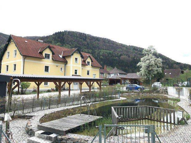 Gelbes Gebäude mit Carport und einem natürlichen Schwimmteich im Vordergrund, umgeben von Bergen.