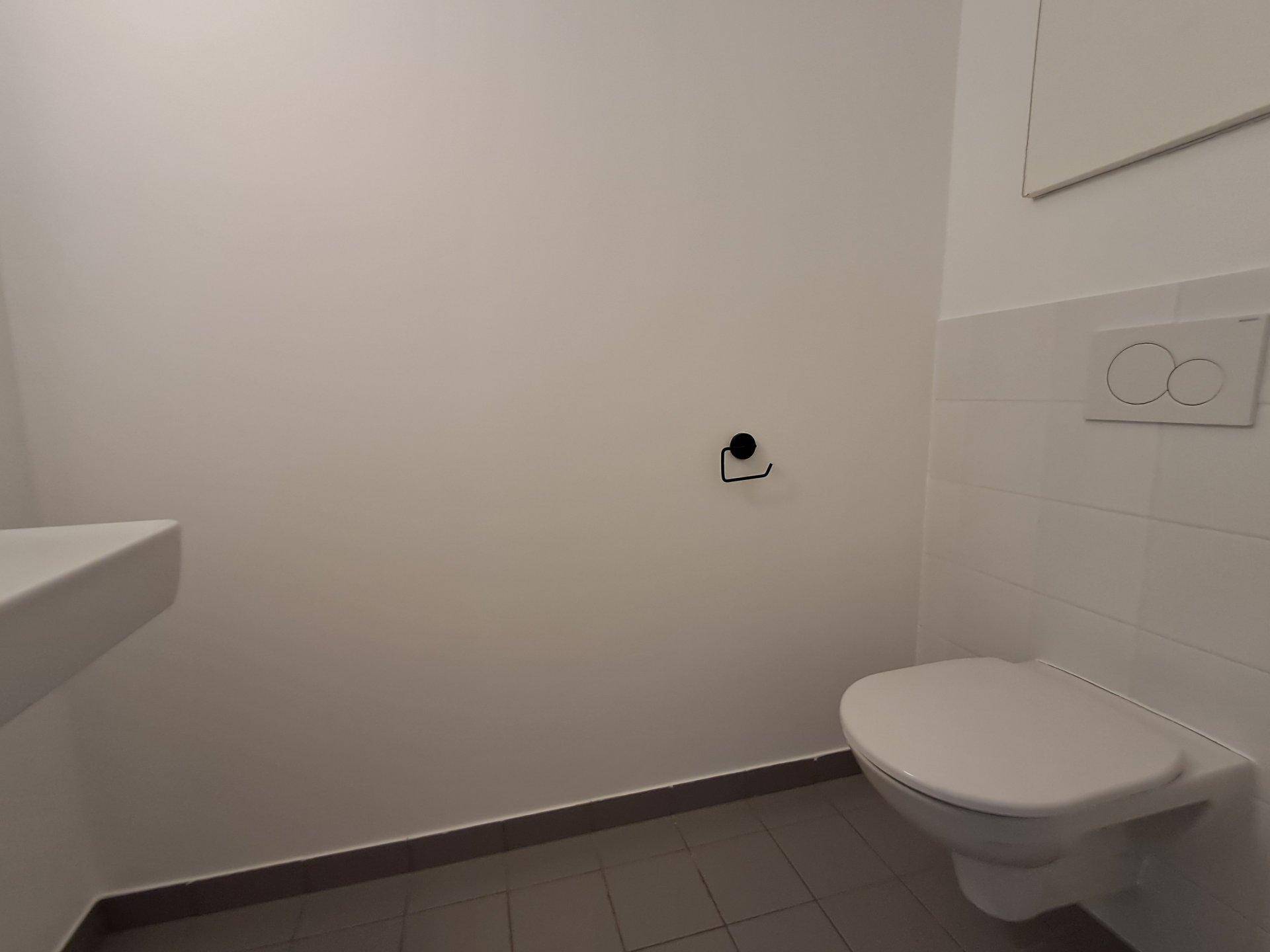 Kleines Gäste-WC mit wandhängender Toilette und einem kompakten Waschbecken.