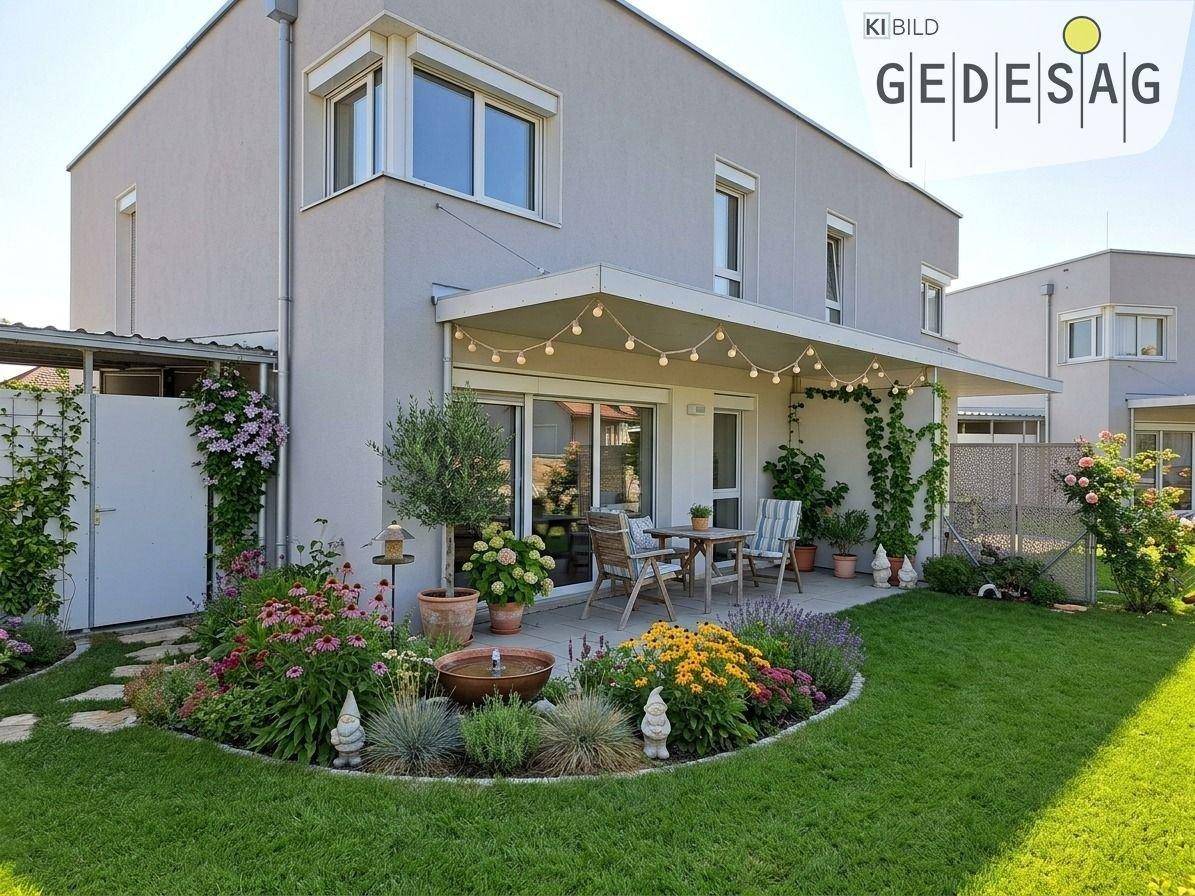 Moderne Hausfassade mit überdachter Terrasse, Gartenmöbeln und gepflegtem Blumenbeet.