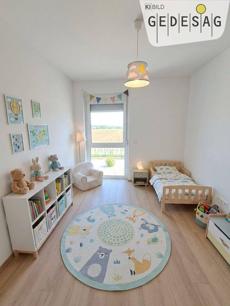 Freundliches Kinderzimmer mit Laminatboden, großem Fenster und bunter Dekoration, ideal für kleine Bewohner.