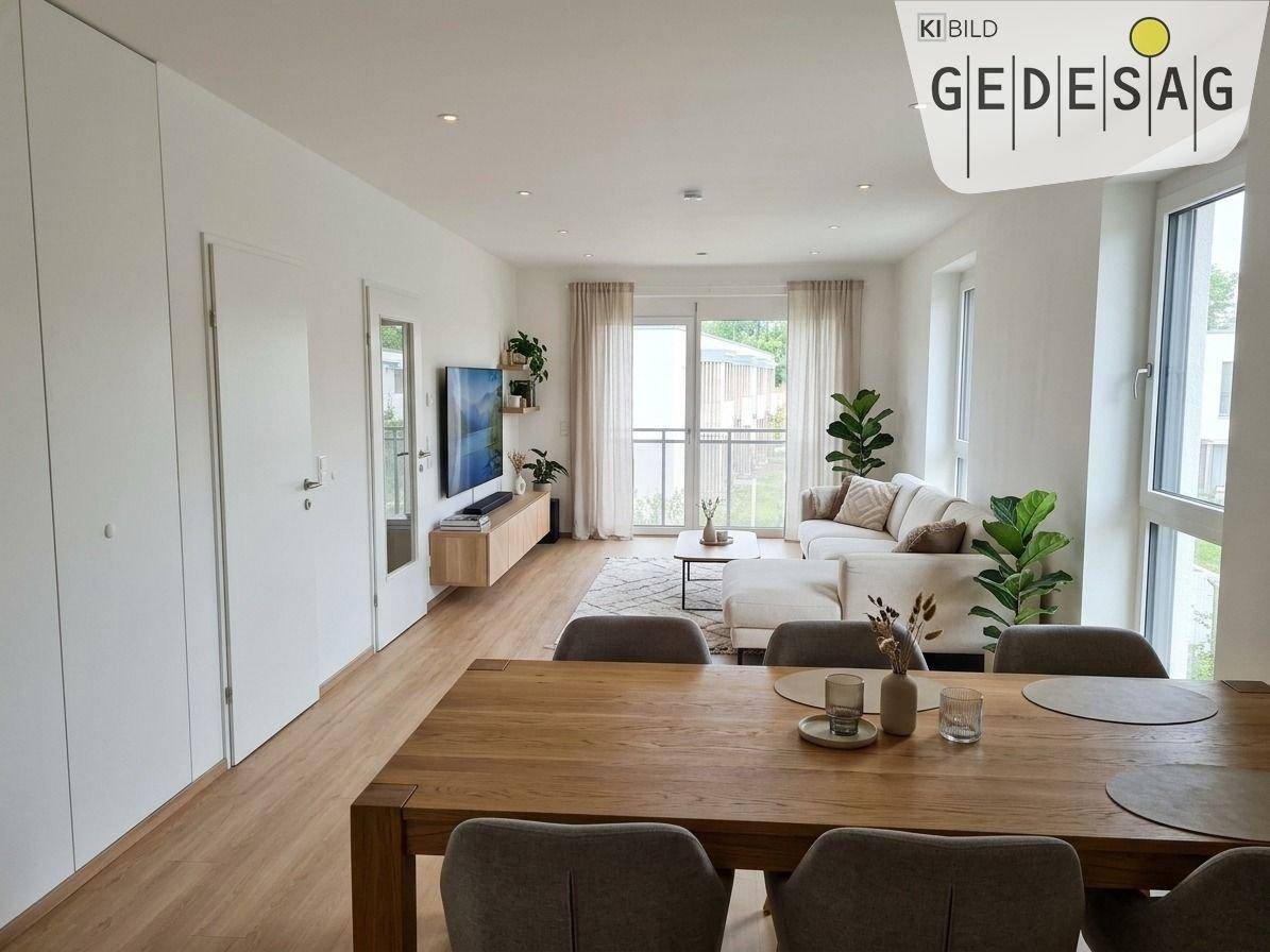 Moderner Wohn- und Essbereich mit Holzboden, großem Esstisch und gemütlicher Sitzecke.