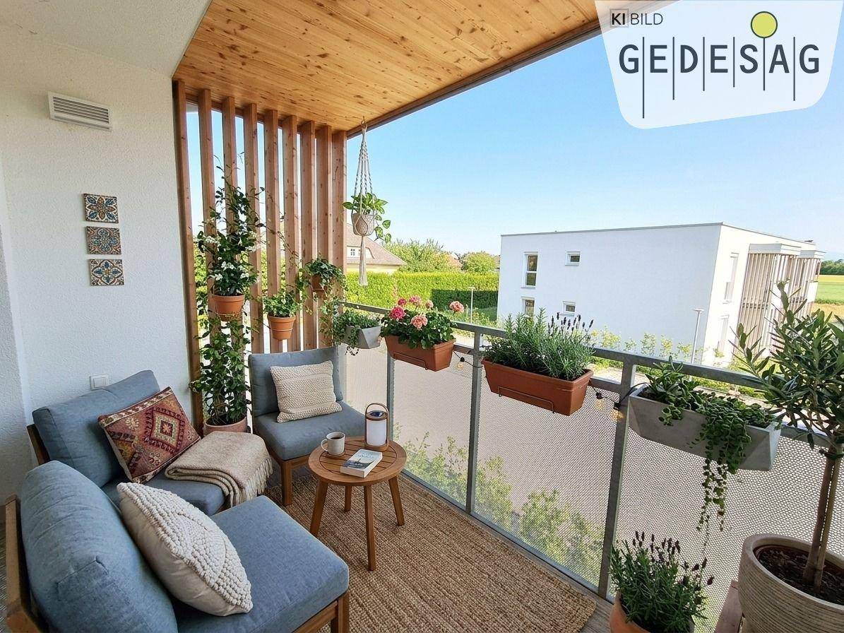 Gemütlicher Balkon mit Holzelementen, Pflanzen und Sitzgelegenheiten, ideal zum Entspannen im Freien.