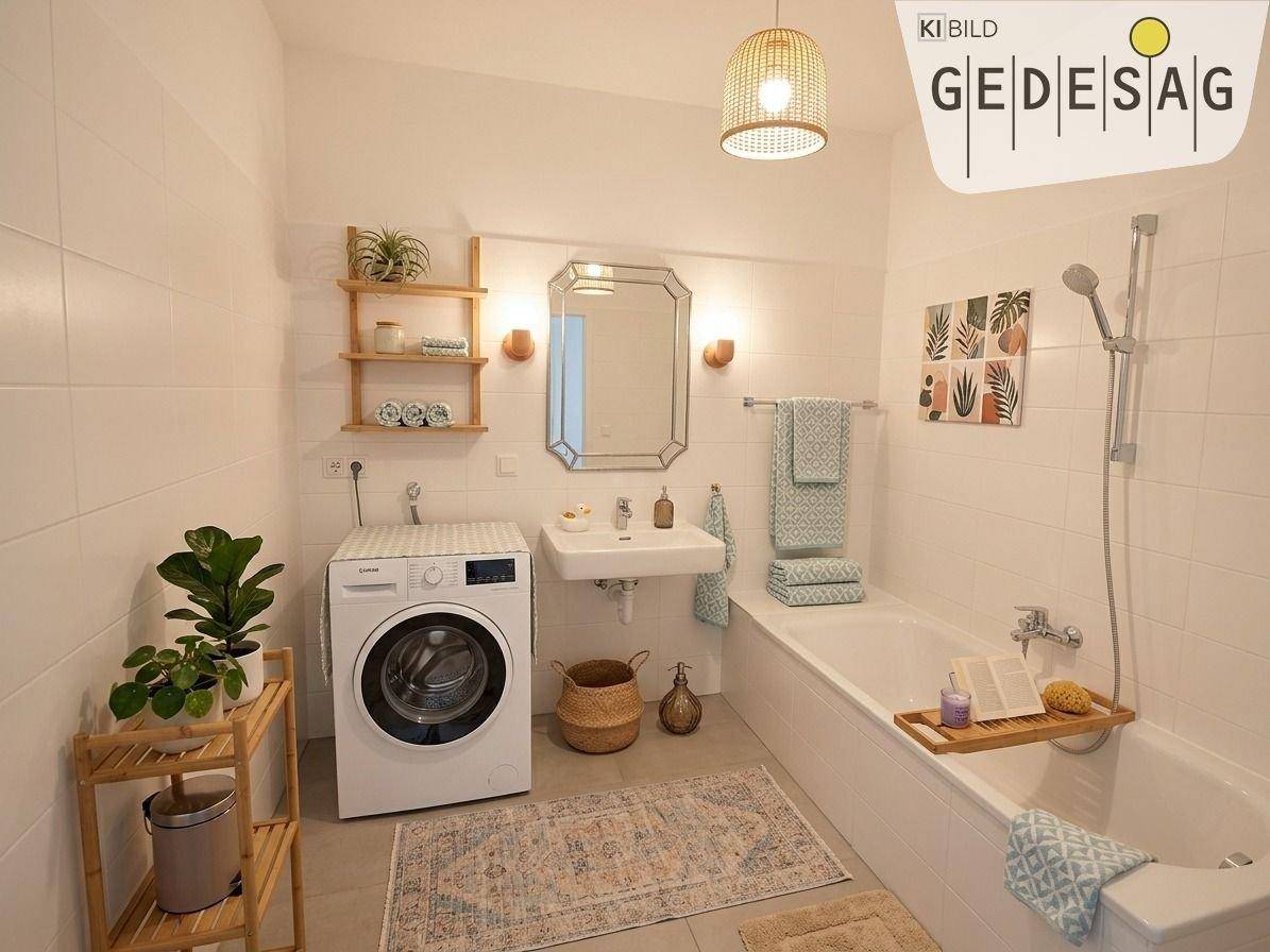 Helles Badezimmer mit Badewanne, Waschmaschine und modernen Fliesen, praktisch und stilvoll eingerichtet.