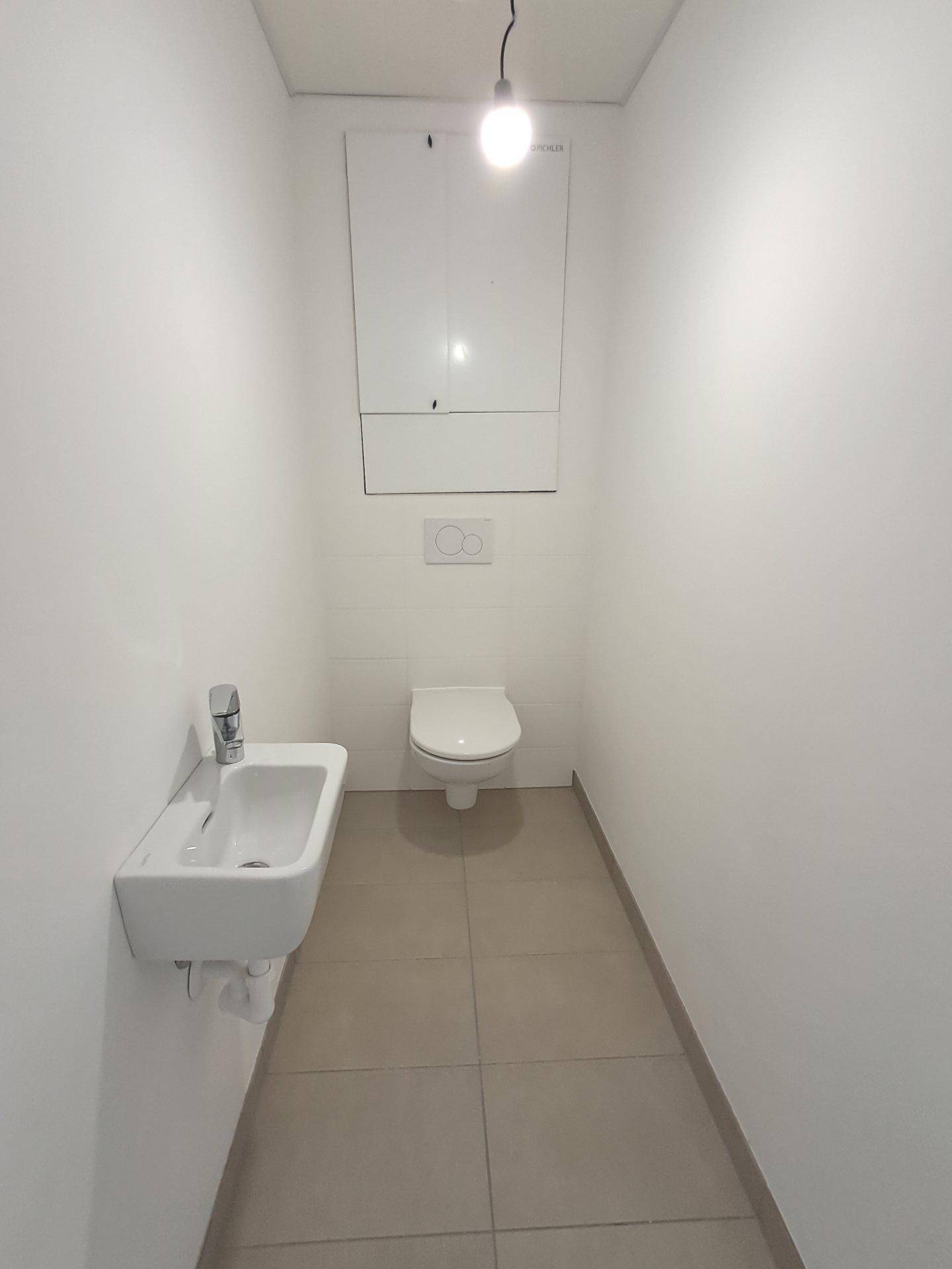 Kleines Gäste-WC mit Wand-WC und Waschbecken, funktional und modern gefliest.