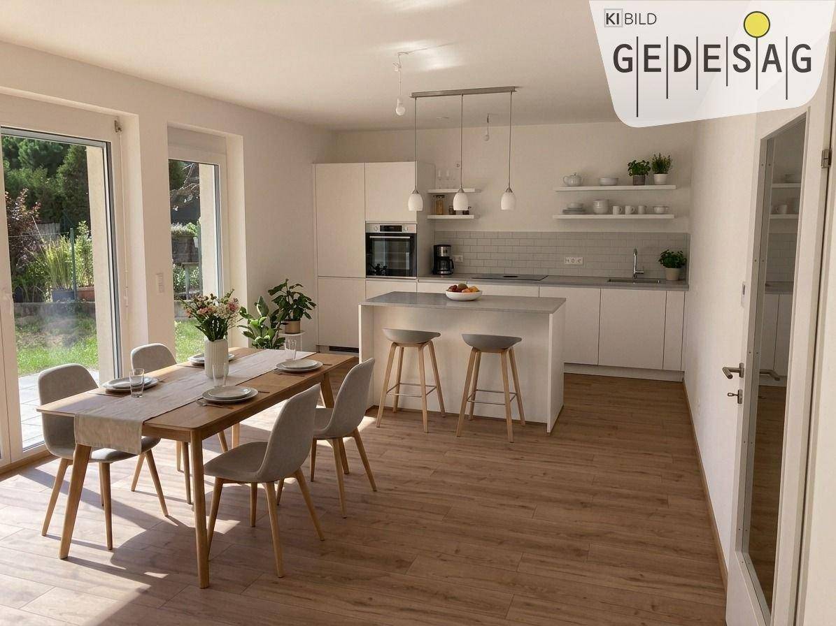 Heller offener Wohn- und Essbereich mit moderner Einbauküche, Holzboden und Zugang zum Garten.