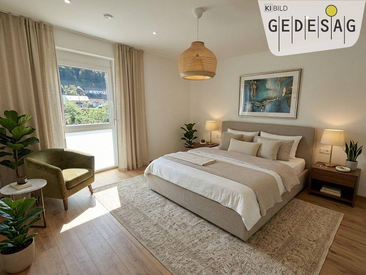 Gemütliches Schlafzimmer mit Doppelbett, Holzboden und einem Fenster mit Blick ins Grüne.