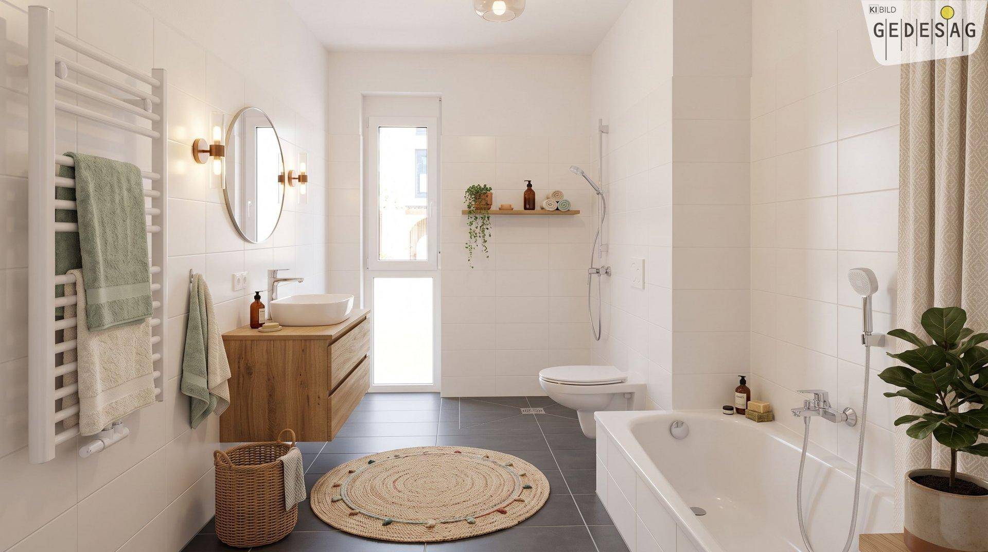 Modernes Badezimmer mit Badewanne, Dusche, Einzelwaschbecken und beheiztem Handtuchhalter.