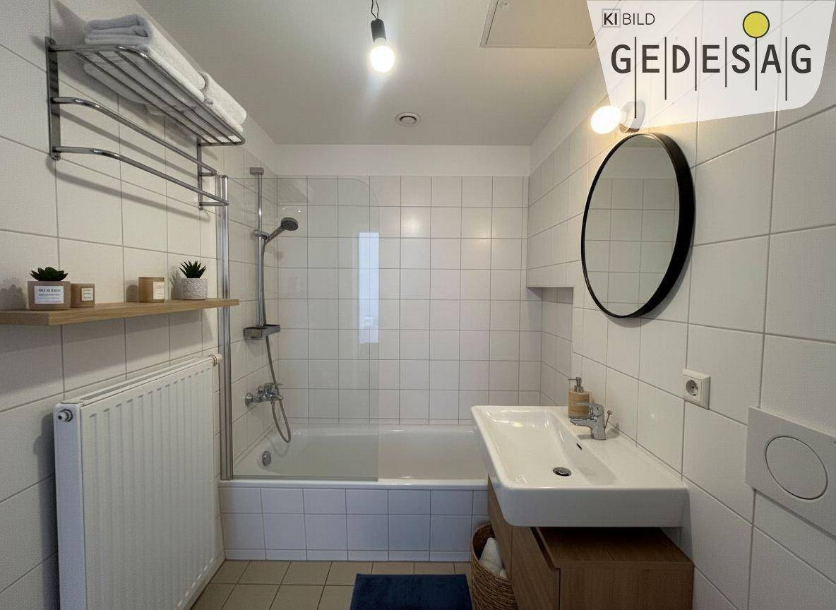 Helles Badezimmer mit weißen Fliesen, Badewanne mit Duschfunktion und modernem Waschtisch.