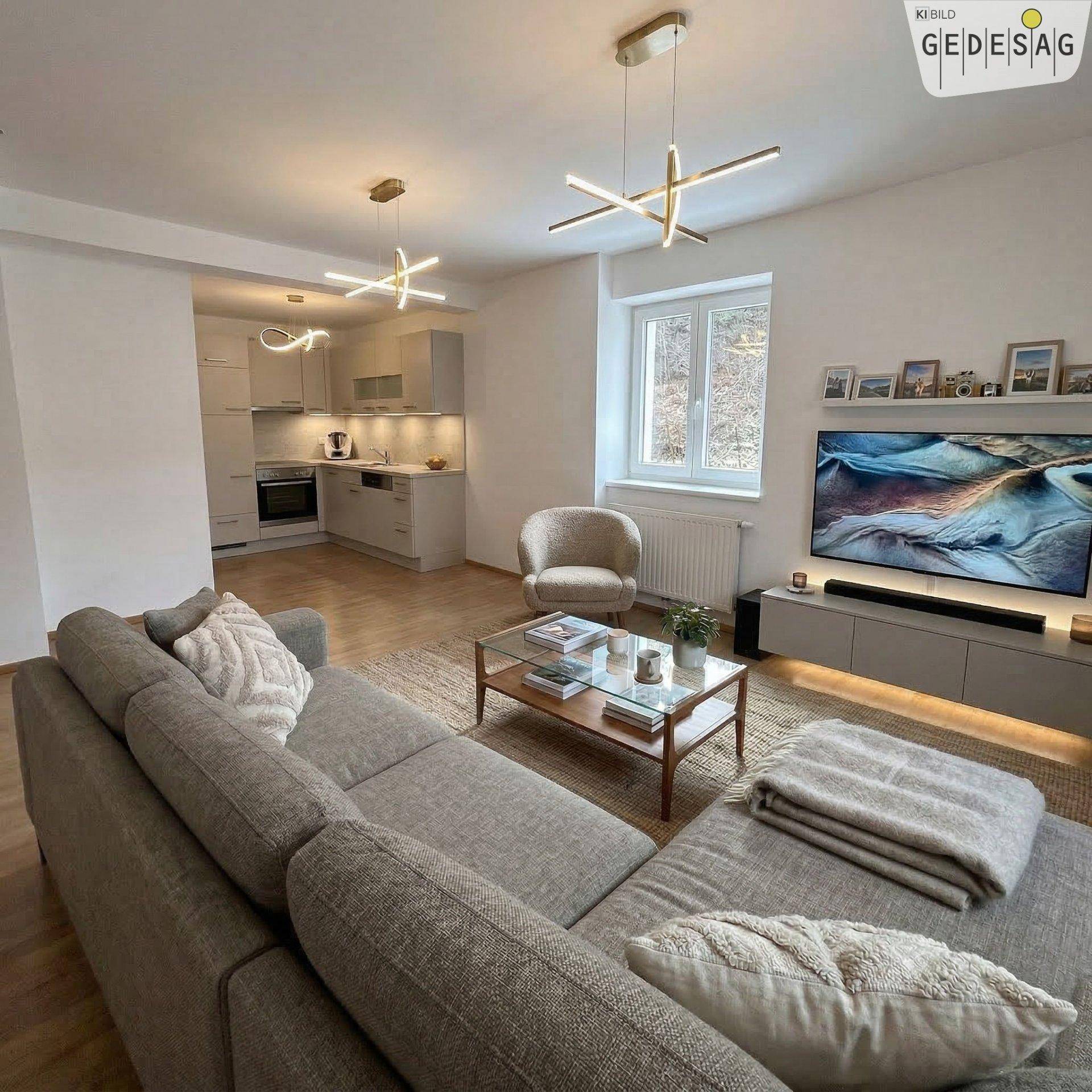 Heller offener Wohnbereich mit gemütlichem Sofa, Fernseher und integrierter Küche.