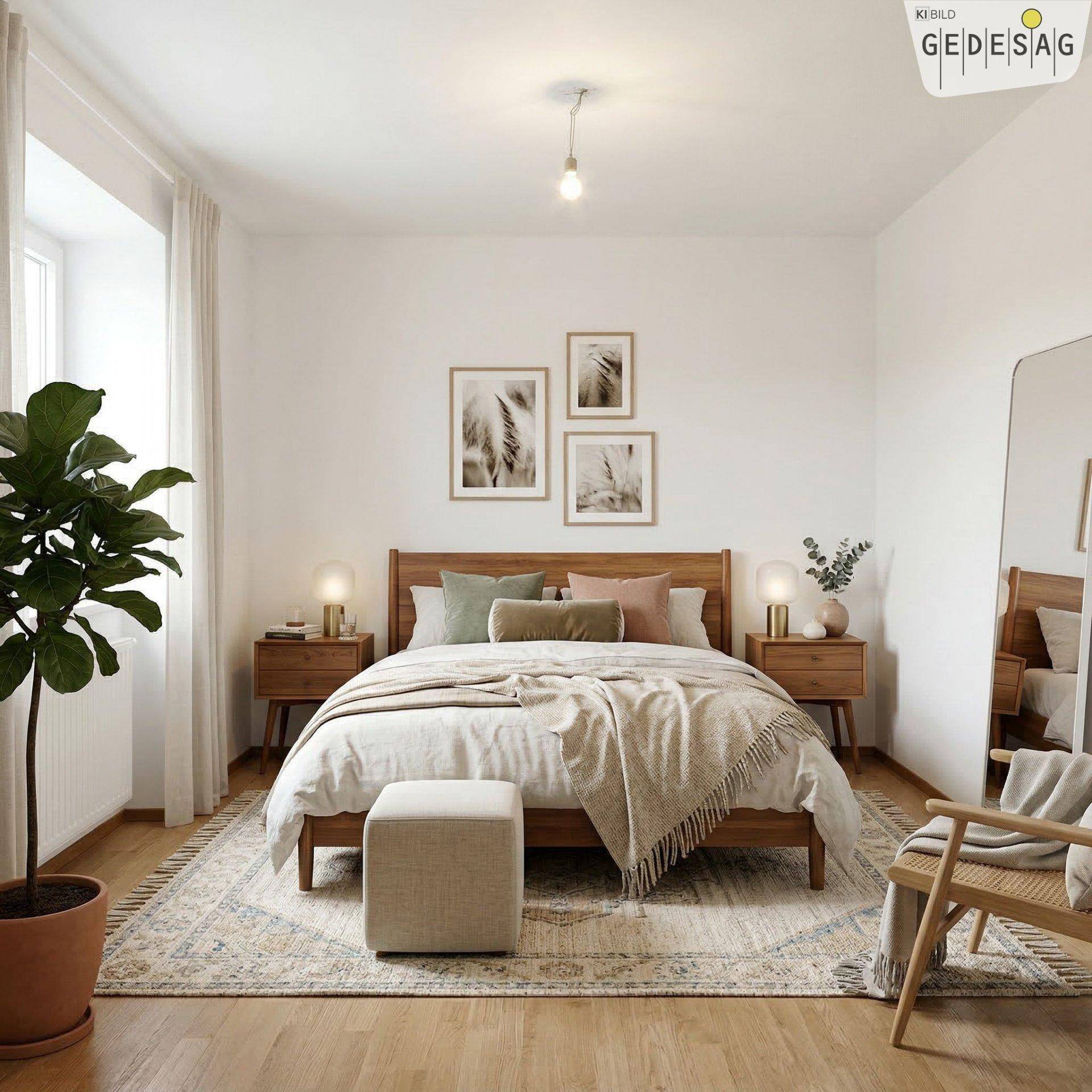 Modernes Schlafzimmer mit Holzbett, Nachttischen und großem Spiegel.
