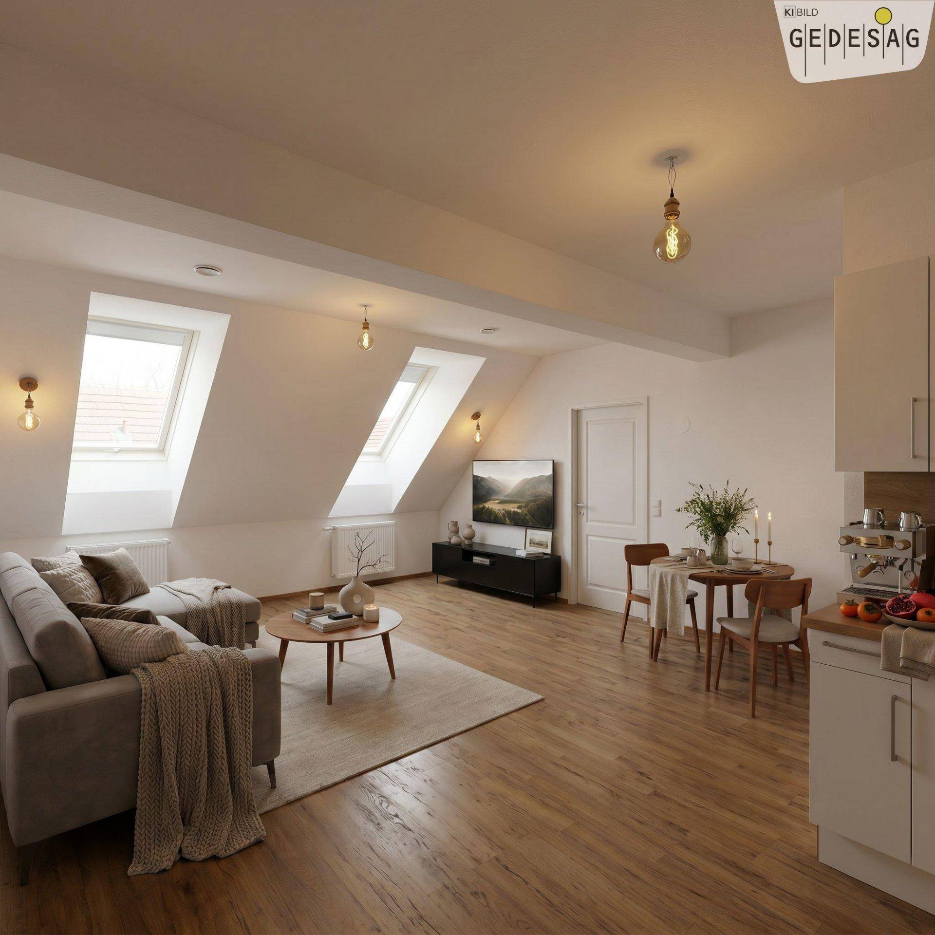 Helles Dachgeschoss-Apartment mit offenem Wohn-Essbereich, integrierter Küchenzeile und Dachfenstern.