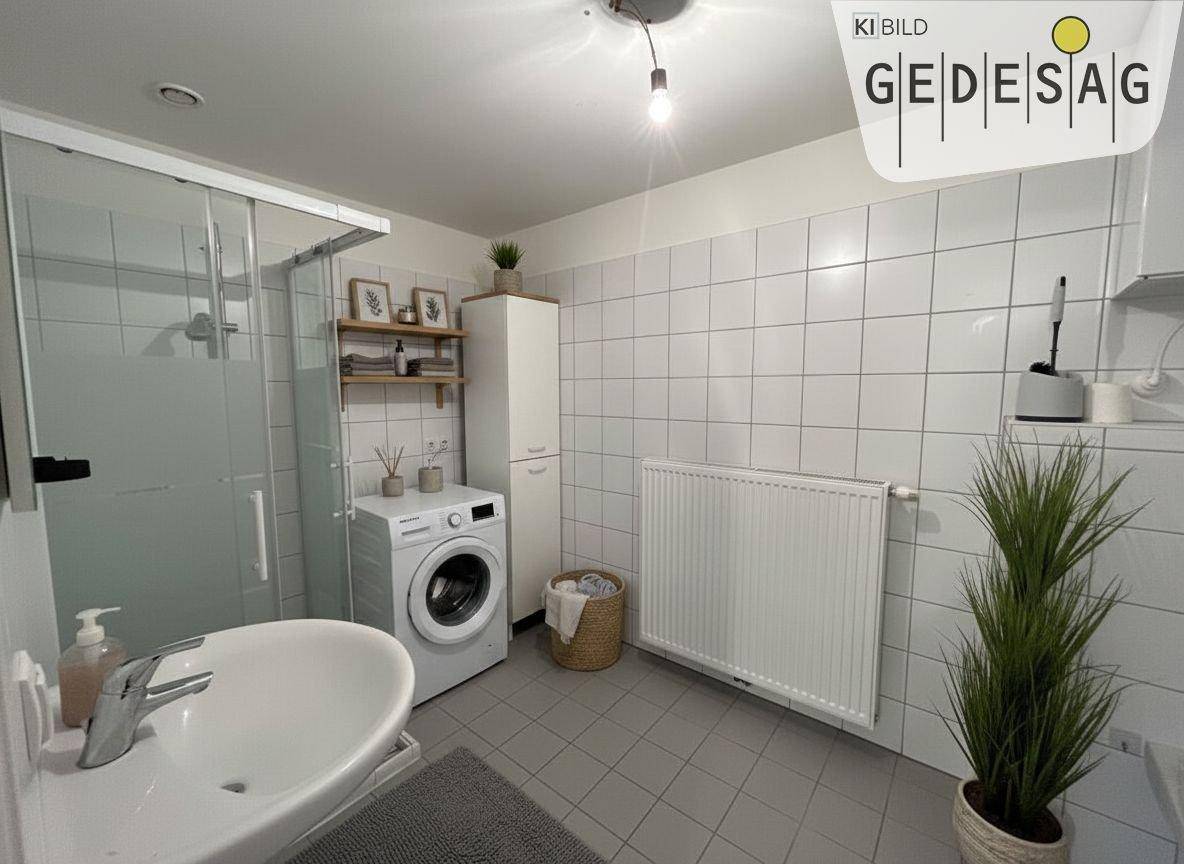 Funktionales Badezimmer mit Duschkabine, Waschmaschine, Waschbecken und weißen Fliesen.