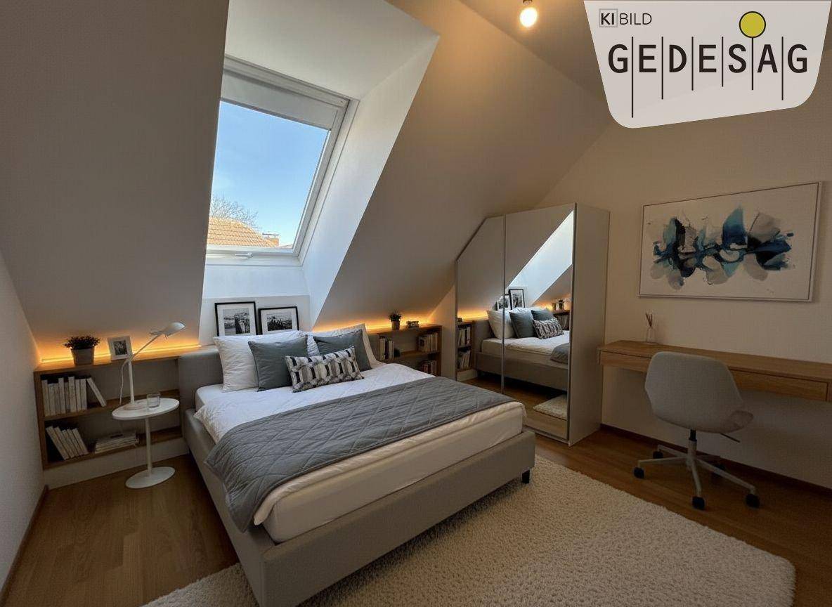 Gemütliches Schlafzimmer im Dachgeschoss mit großem Dachfenster, Holzboden und integrierten Regalen.