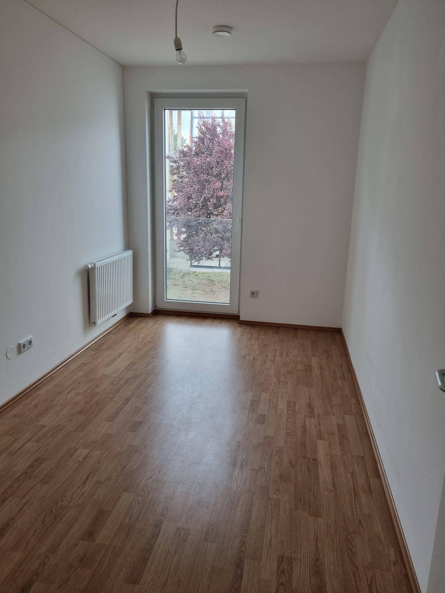 Helles, leeres Zimmer mit Laminatboden, weißen Wänden und einem großen Fenster.
