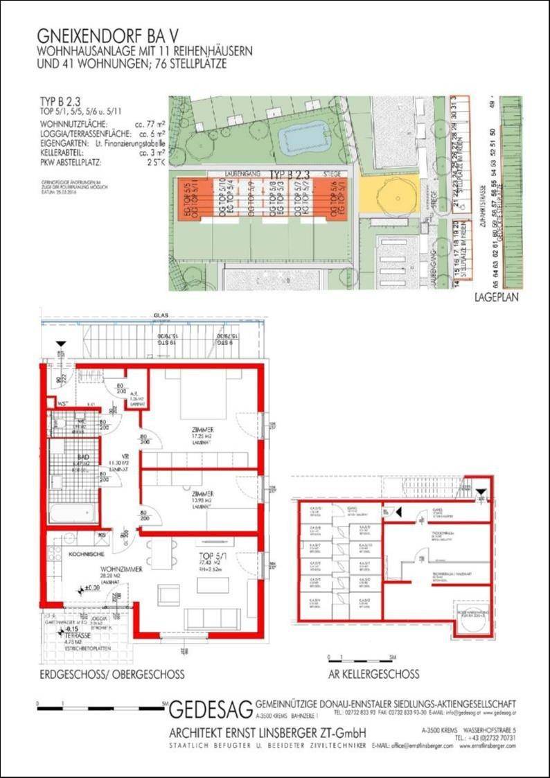Detaillierter Grundrissplan mit Lageplan, Erdgeschoss, Obergeschoss und Kelleraufteilung.