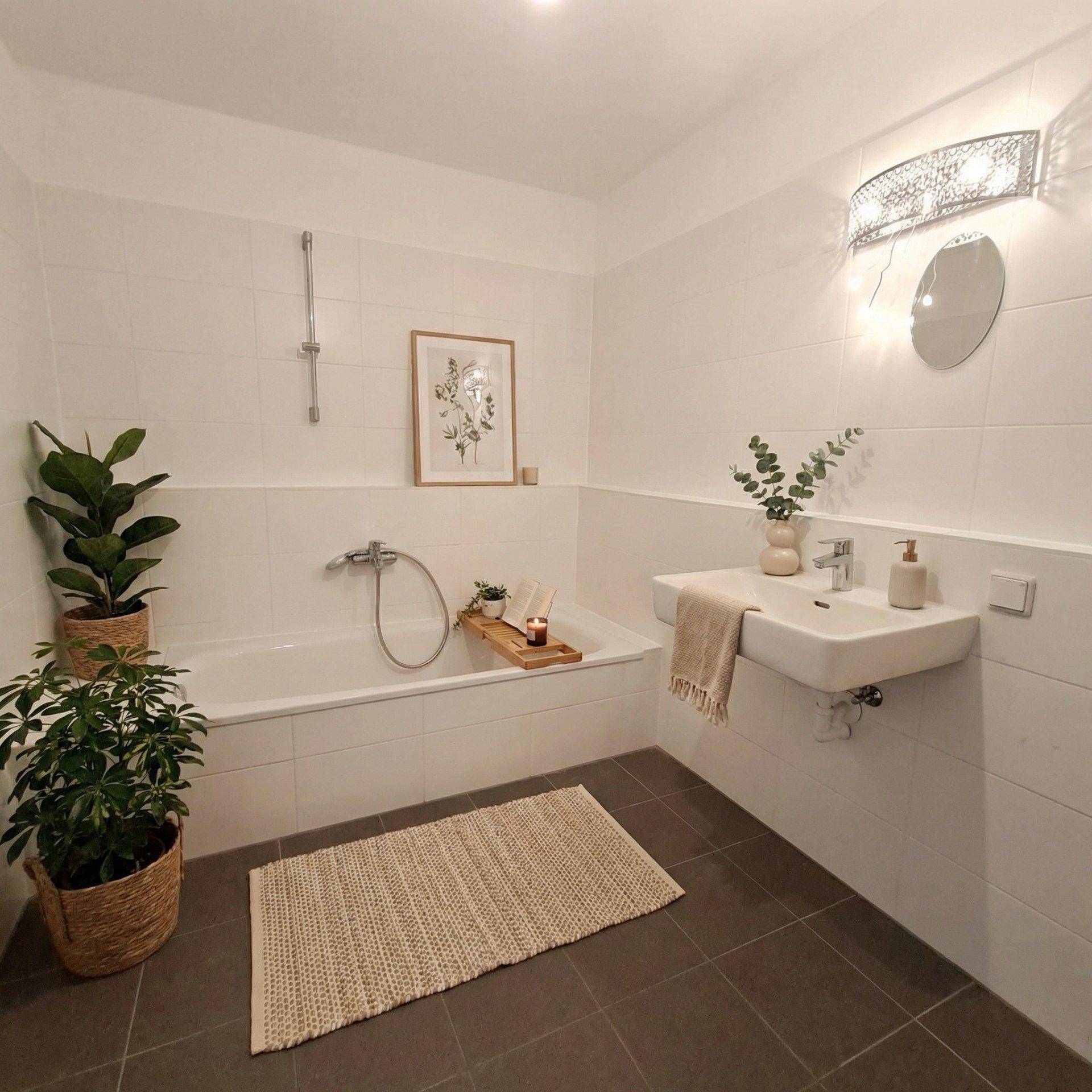 Modernes Badezimmer mit Badewanne, Waschbecken und weißen Fliesen, dekoriert mit Pflanzen.