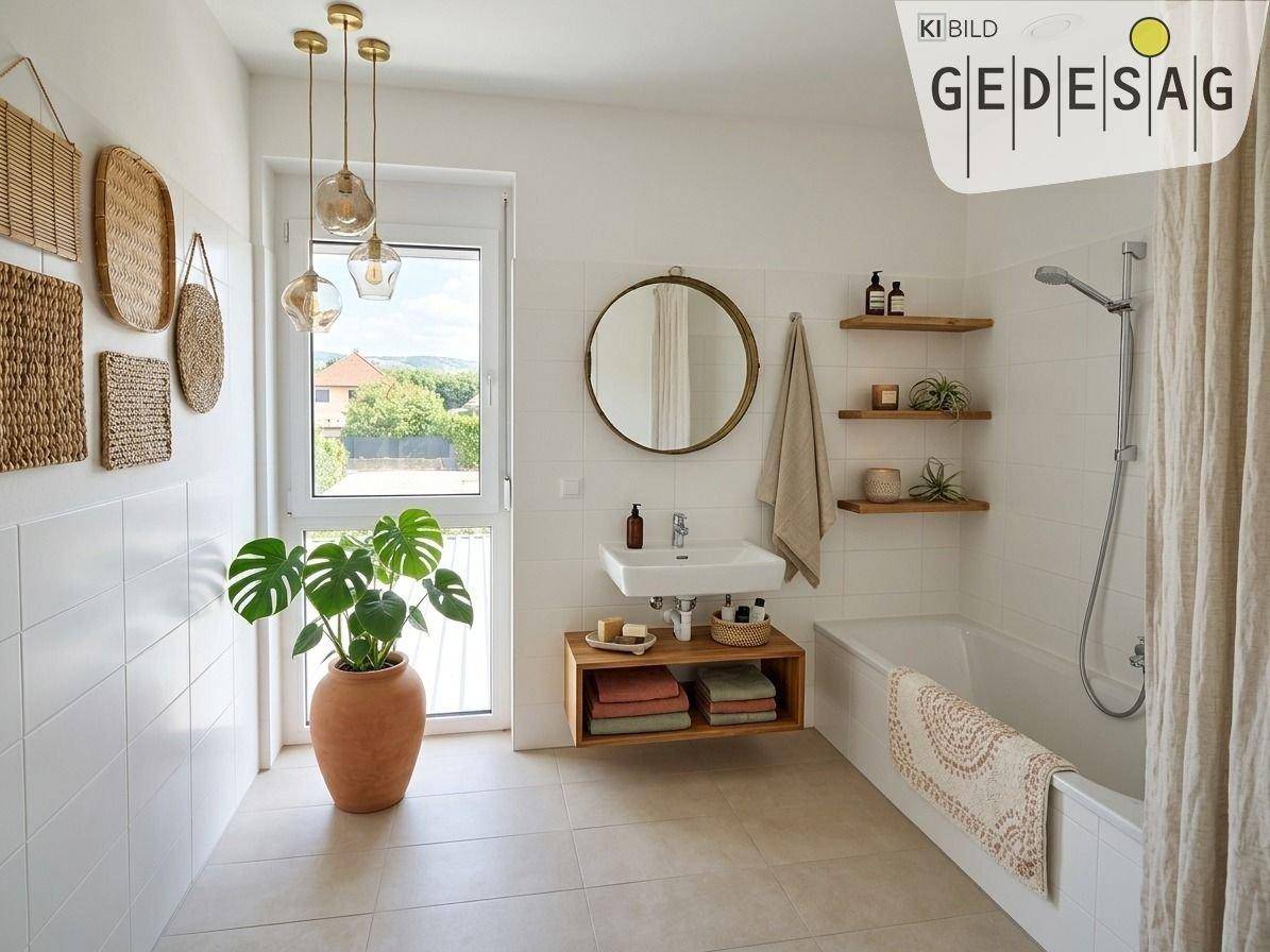 Modernes Badezimmer mit Badewanne, Einzelwaschbecken und Fenster, dekoriert mit Pflanzen und Körben.