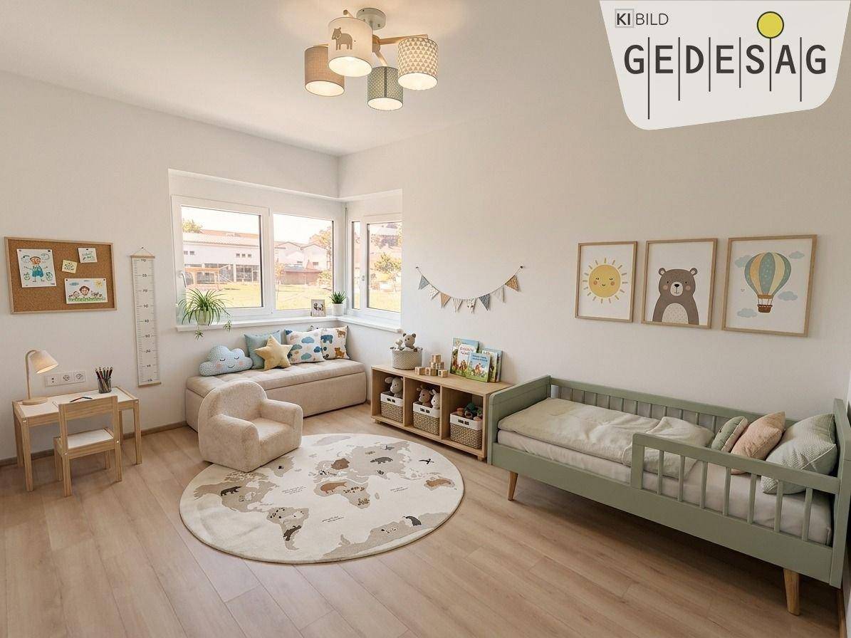 Helles Kinderzimmer mit Holzboden, Spielecke und großen Fenstern für viel Tageslicht.