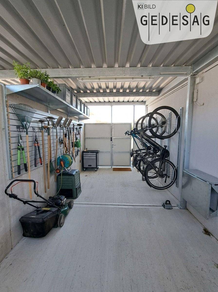 Praktischer Abstellraum mit Werkzeugen, Fahrrädern und Rasenmäher für Gartenarbeiten.