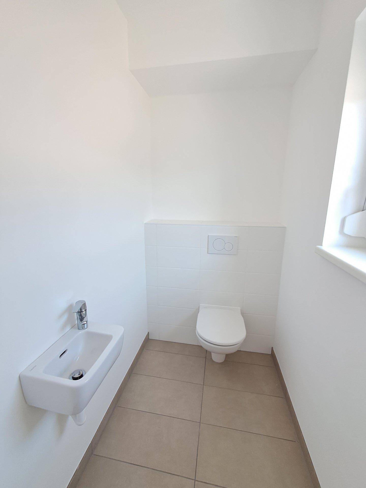 Kleines Gäste-WC mit wandhängendem WC und modernem Waschbecken, ideal für Besucher.
