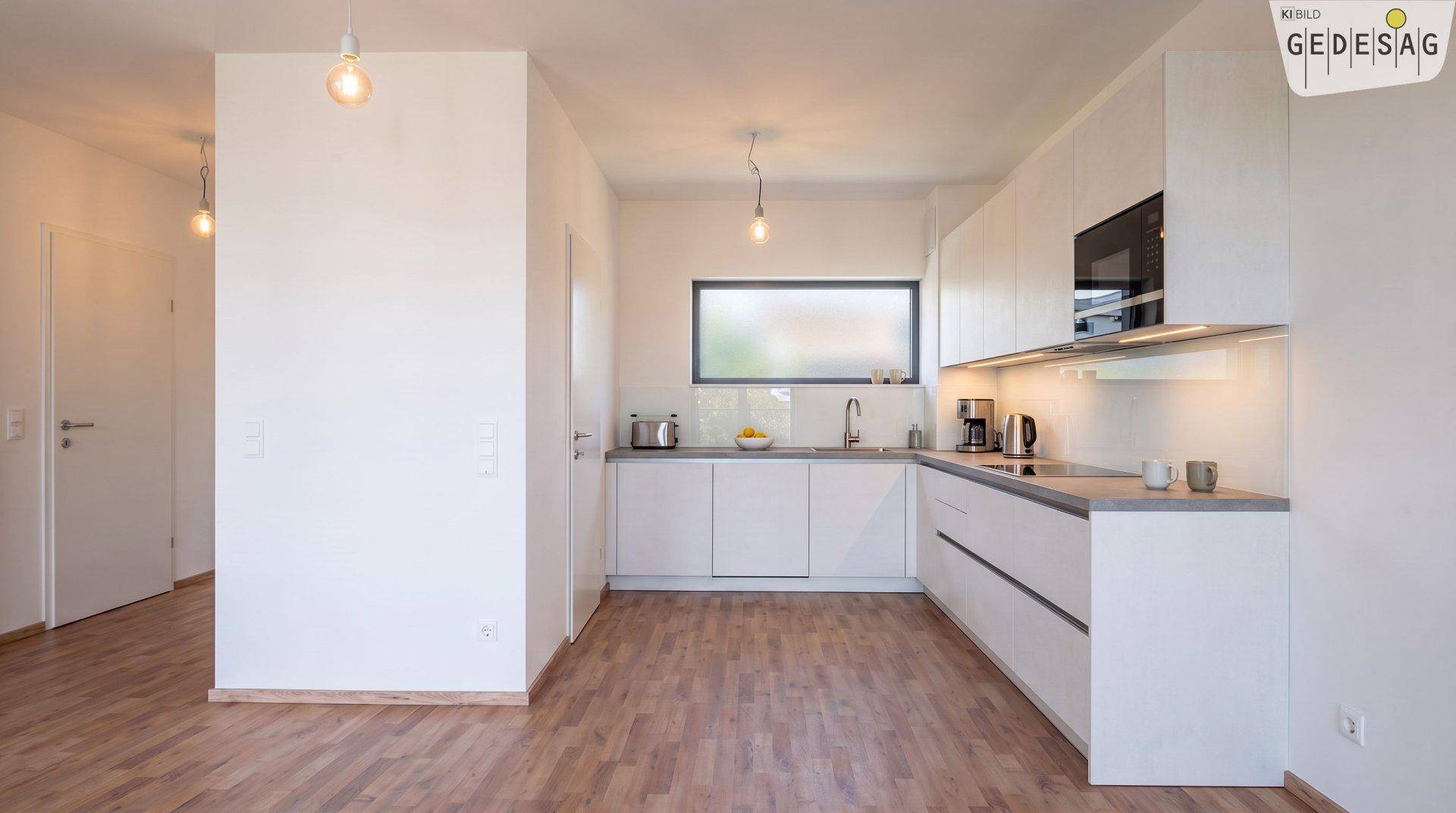 Helle, moderne Küche mit weißen Schränken, integrierten Geräten und Holzfußboden.