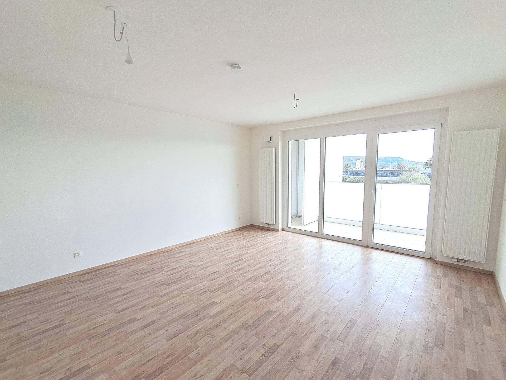 Heller, leerer Raum mit Holzboden und großen Schiebetüren, die auf einen Balkon führen und viel Licht spenden.