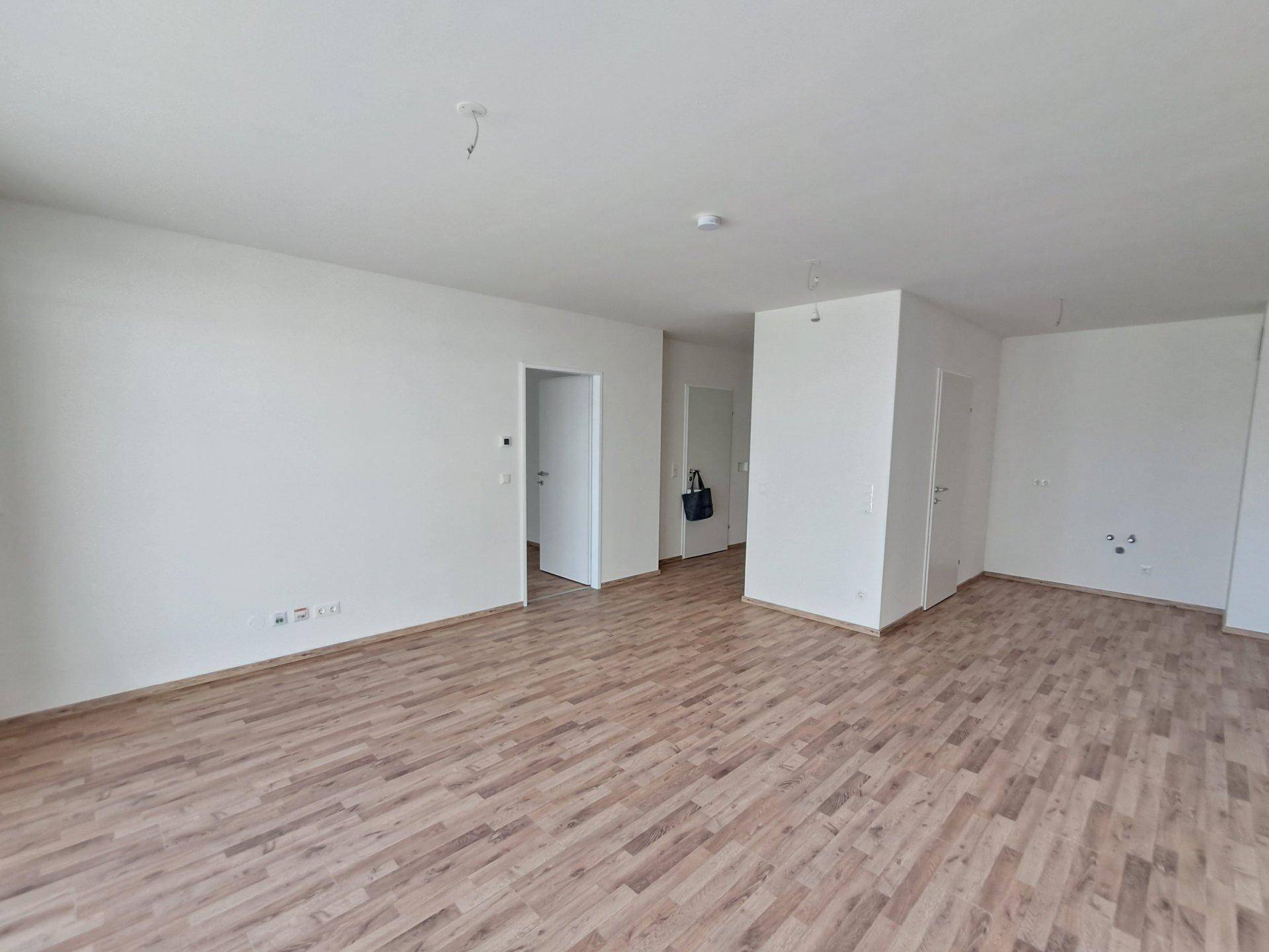 Heller, leerer Raum mit Holzboden und mehreren Türen, der als Wohnbereich oder Flur dienen könnte.