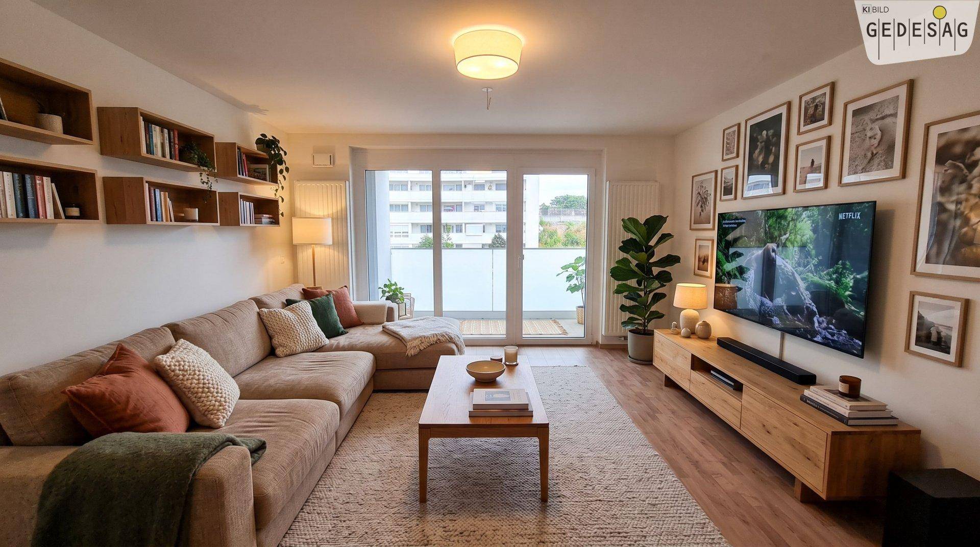 Gemütliches Wohnzimmer mit großem Sofa, Fernseher und Zugang zu einem Balkon.