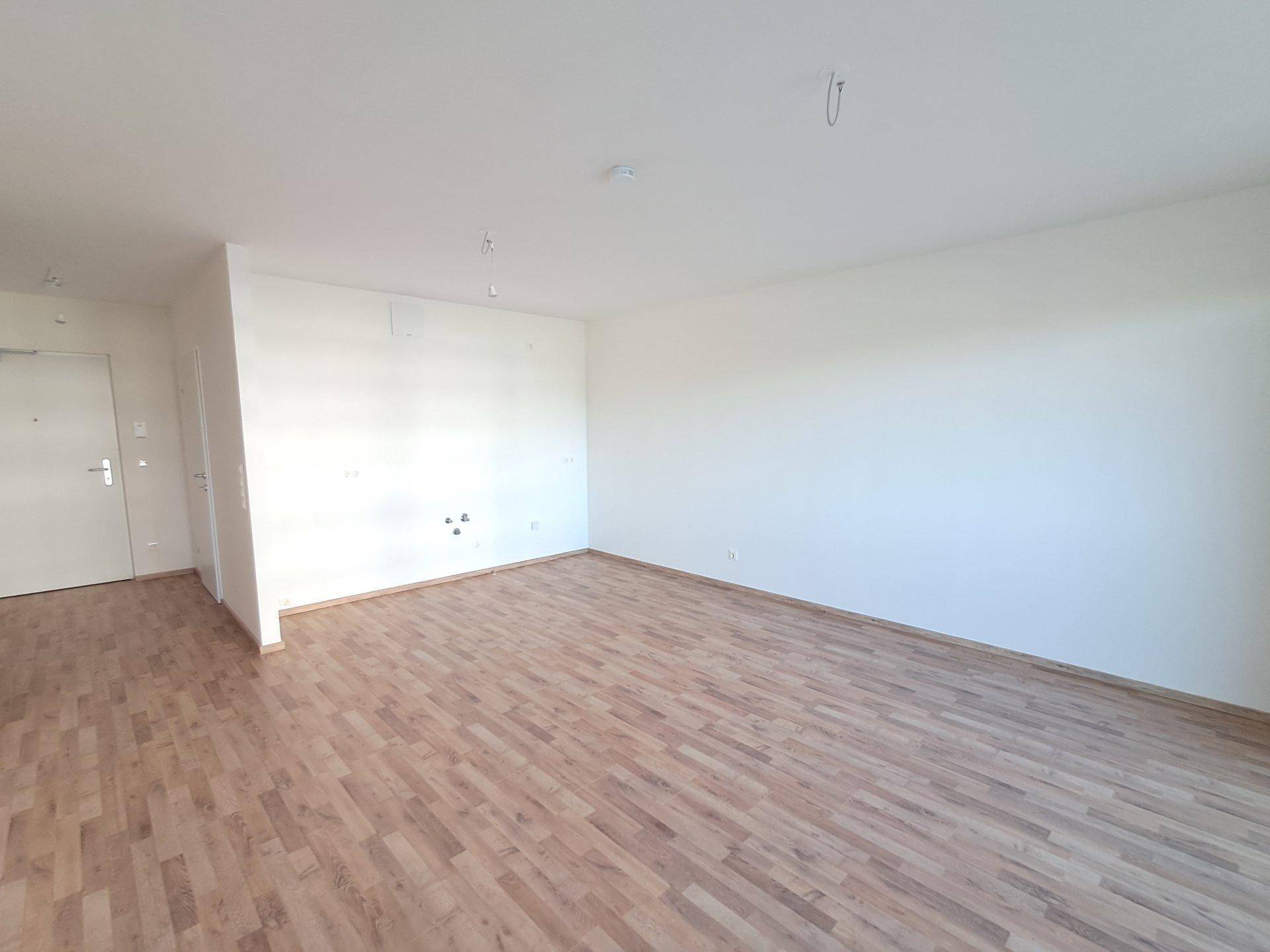 Geräumiger, unmöblierter Wohnbereich mit Laminatboden und weiß gestrichenen Wänden, vielseitig nutzbar.
