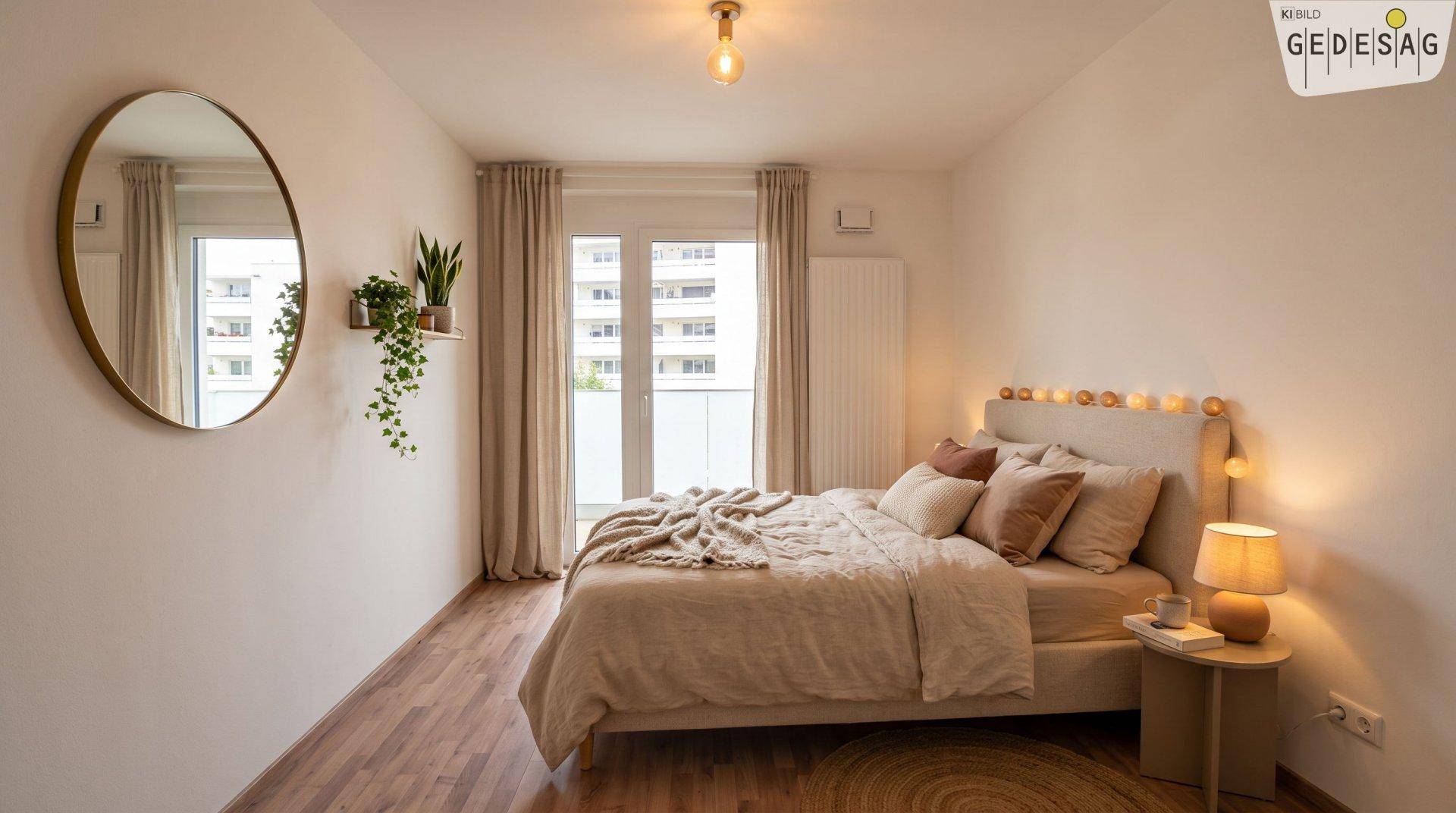 Gemütliches Schlafzimmer mit Doppelbett, Nachttisch und Zugang zu einem hellen Balkon.
