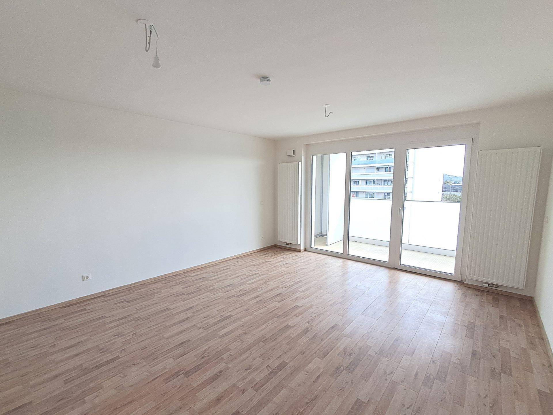 Leerer Wohnraum mit Laminatboden und breiter Fensterfront, die viel Tageslicht hereinlässt.