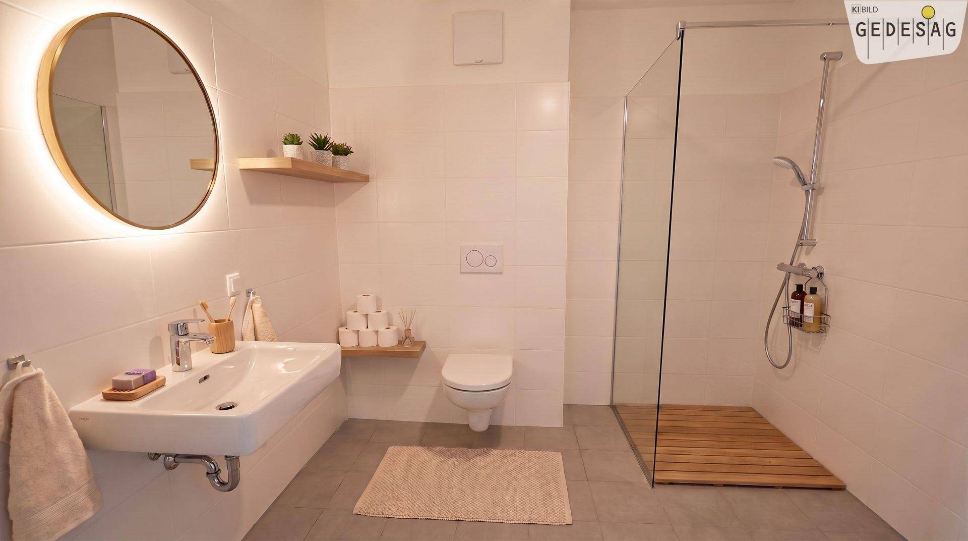 Modernes Badezimmer mit ebenerdiger Dusche, Wand-WC, Einzelwaschbecken und beleuchtetem Spiegel.